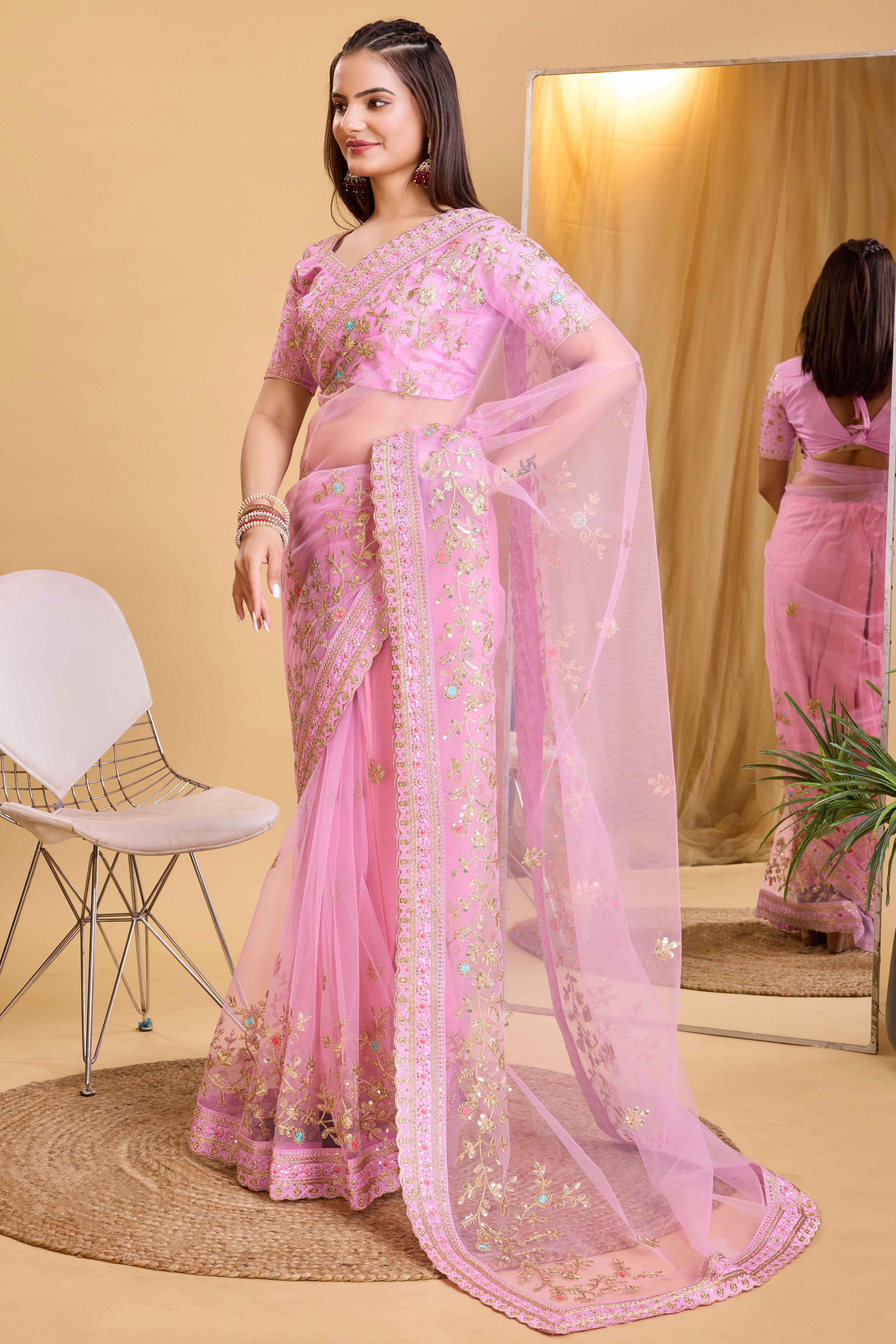 Pink Soft Net Saree With Delicate Floral Embroidery & Shimmering Sequins Work