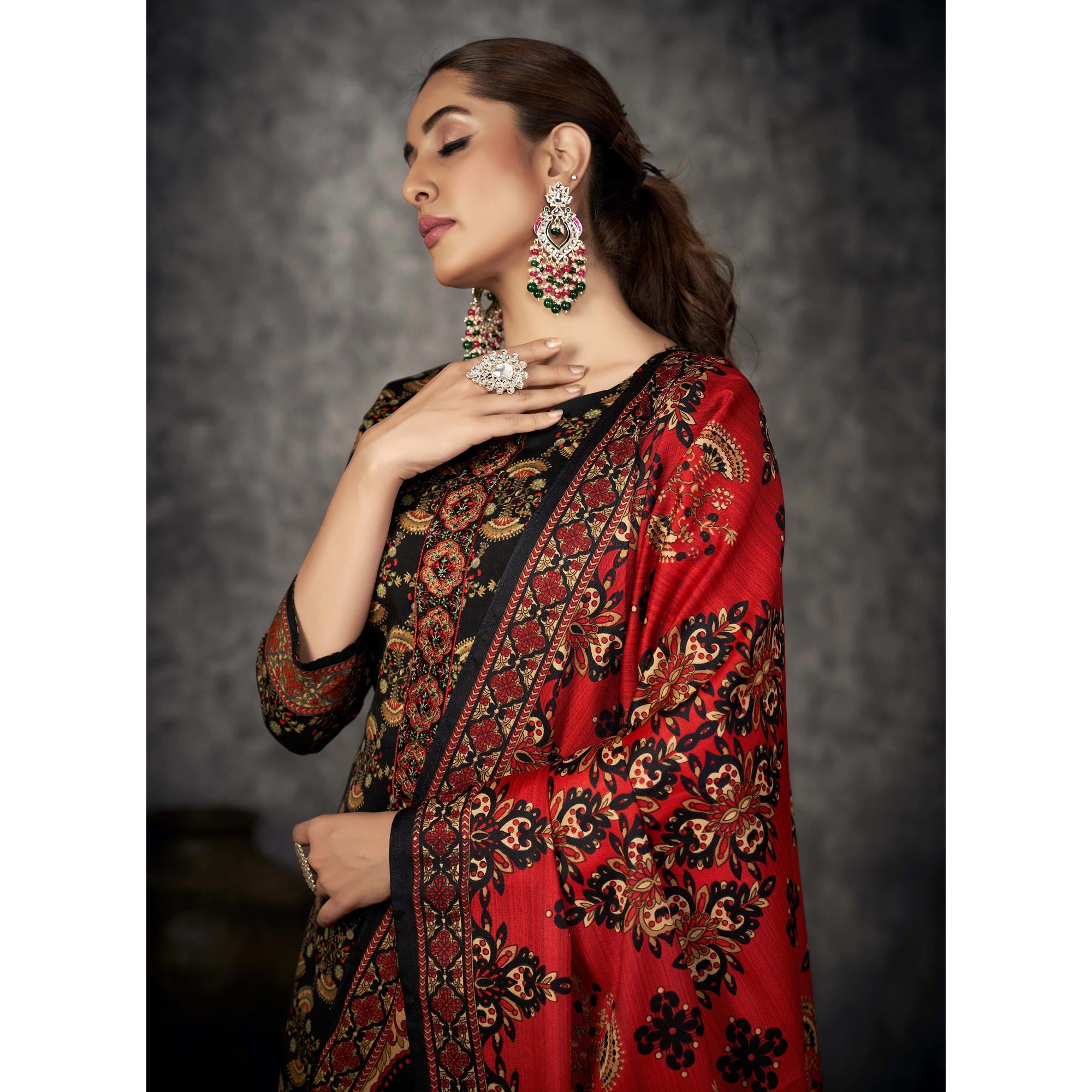 Black Printed With Embroidered Pashmina Suit