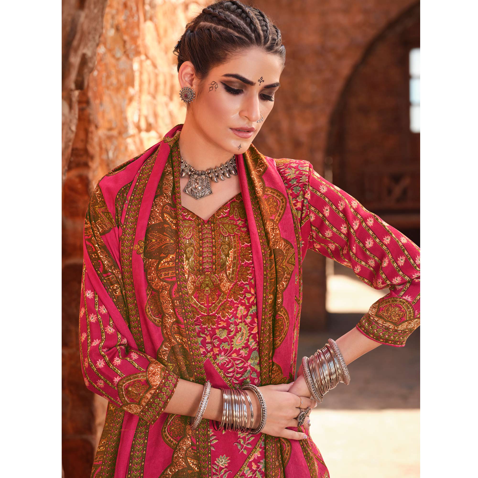 Pink Floral Digital Printed Pashmina Salwar Suit