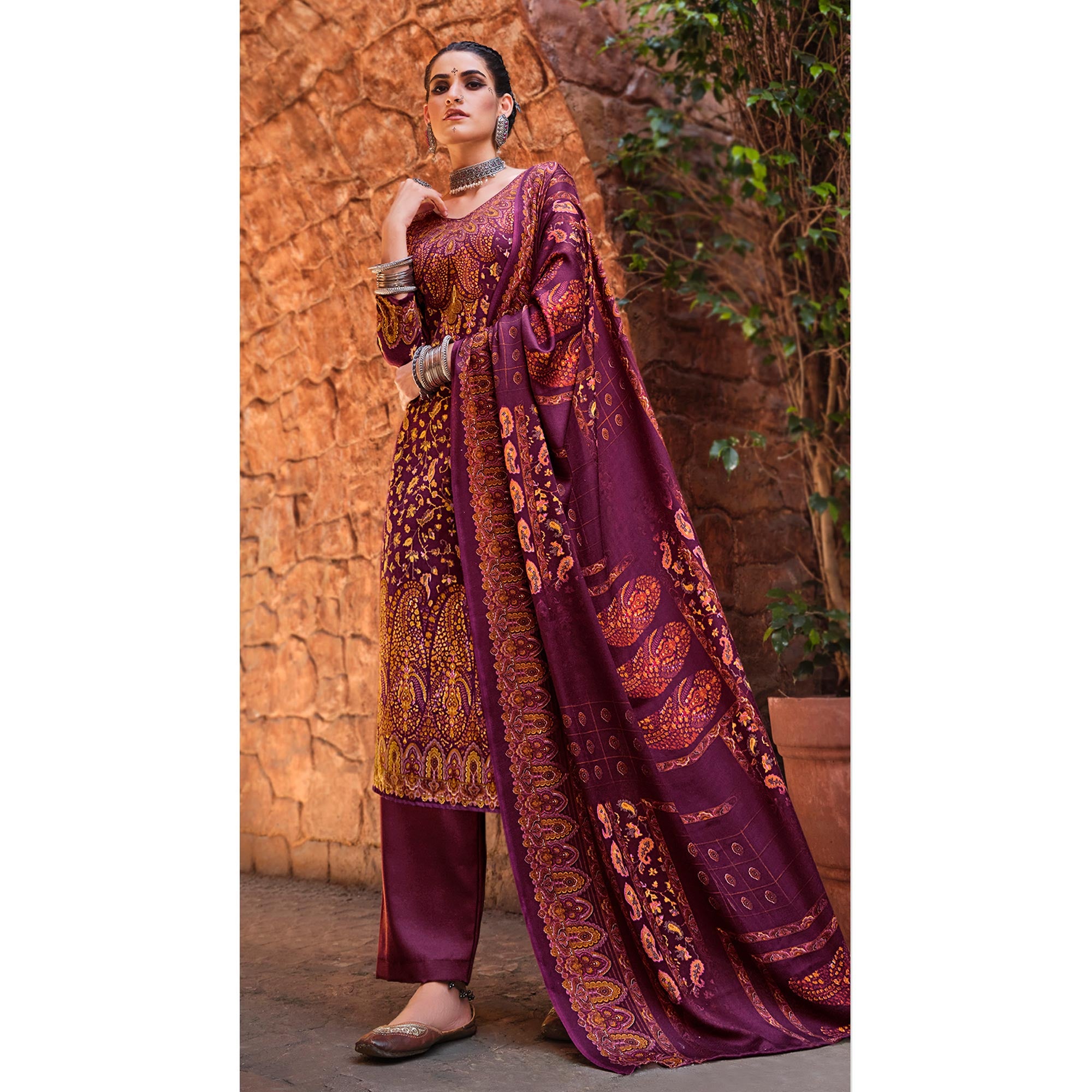 Purple Floral Digital Printed Pashmina Salwar Suit