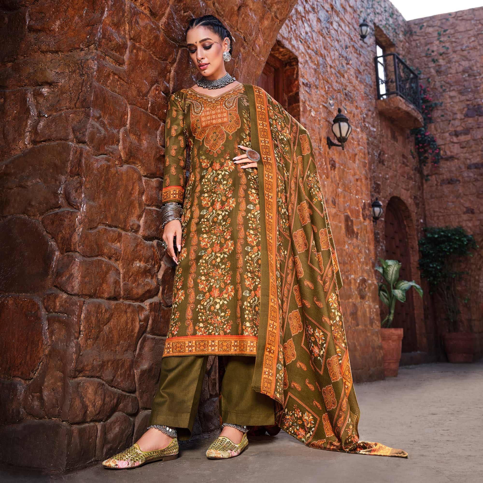 Green Floral Digital Printed Pashmina Salwar Suit