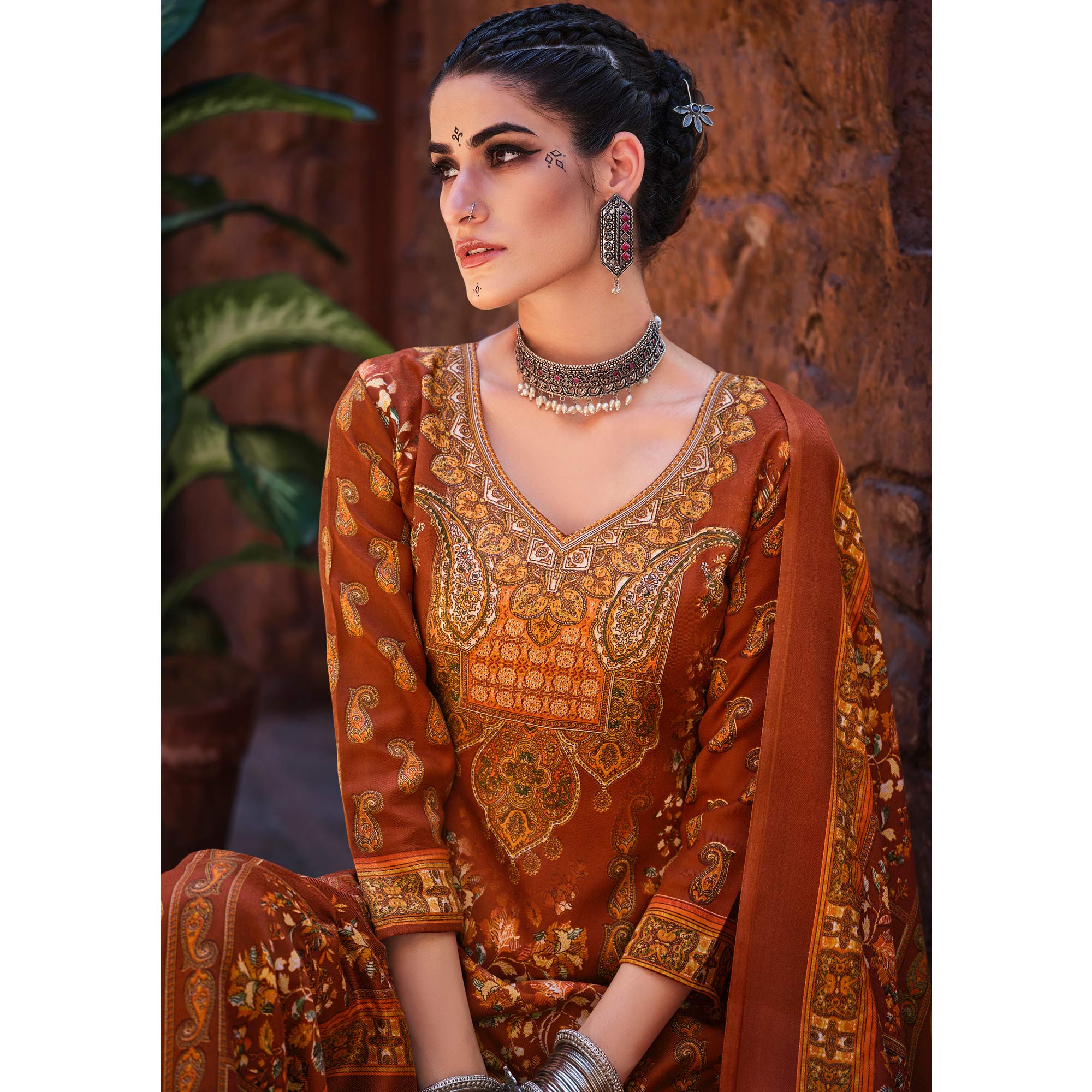 Rust Floral Digital Printed Pashmina Salwar Suit