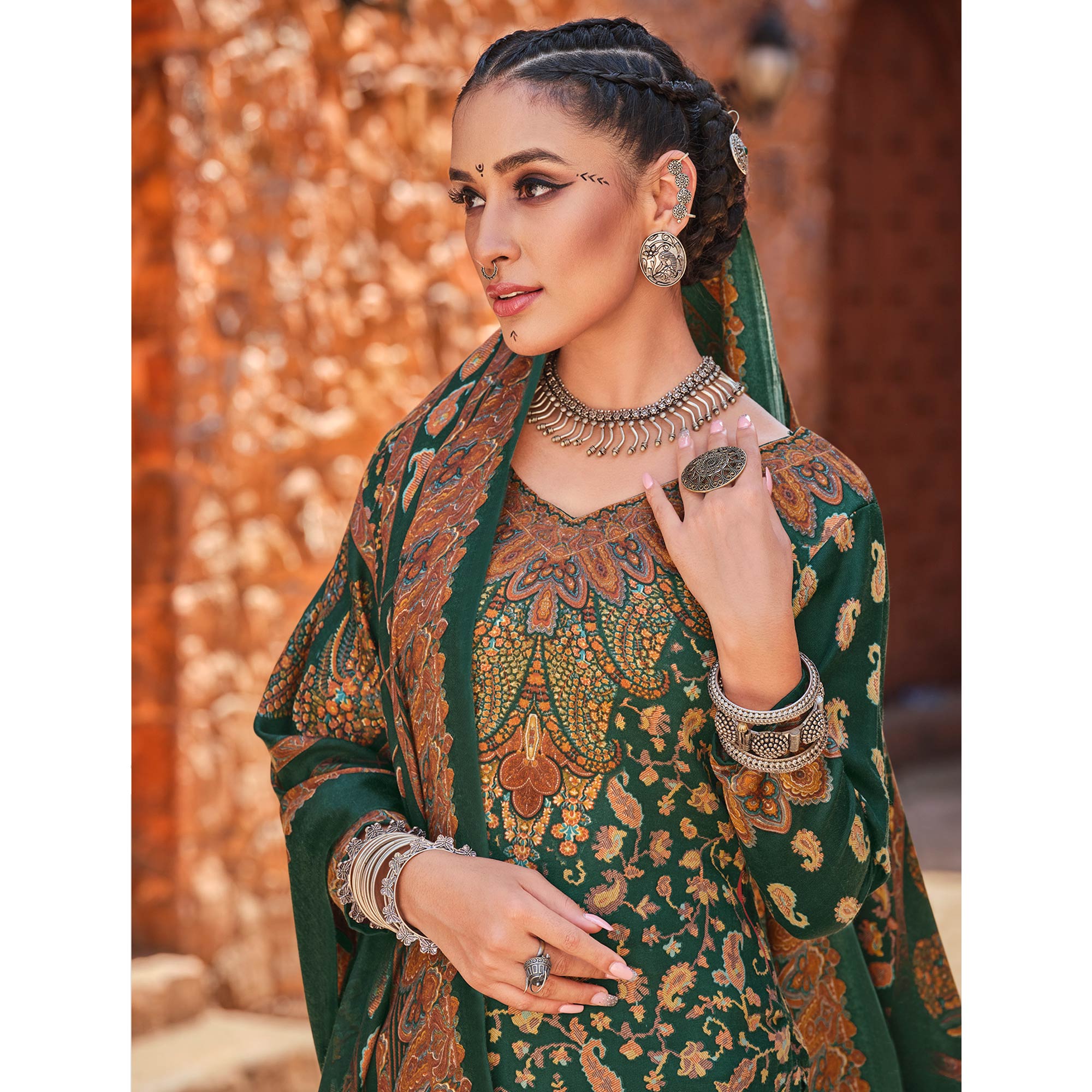 Green Floral Digital Printed Pashmina Salwar Suit