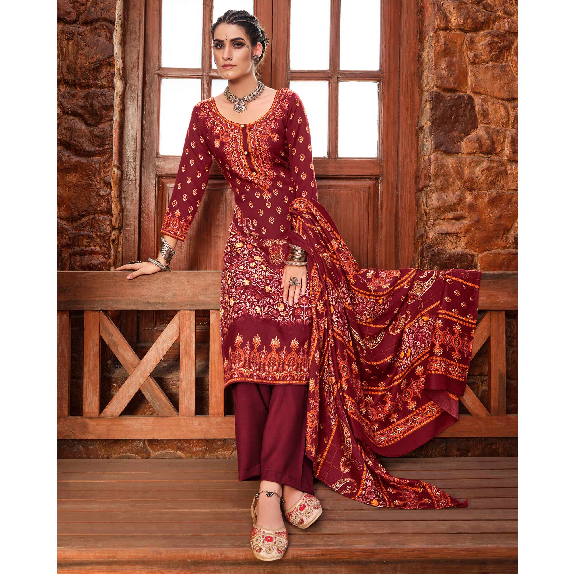 Maroon Floral Digital Printed Pashmina Salwar Suit