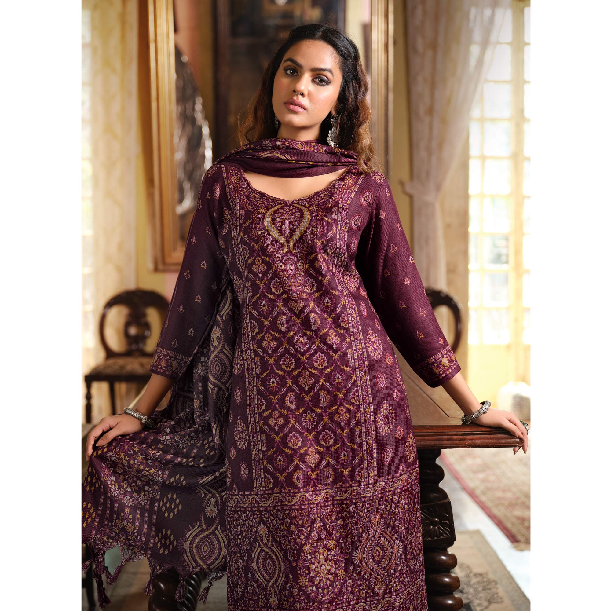 Wine Digital Printed Pashmina Woolen Suit