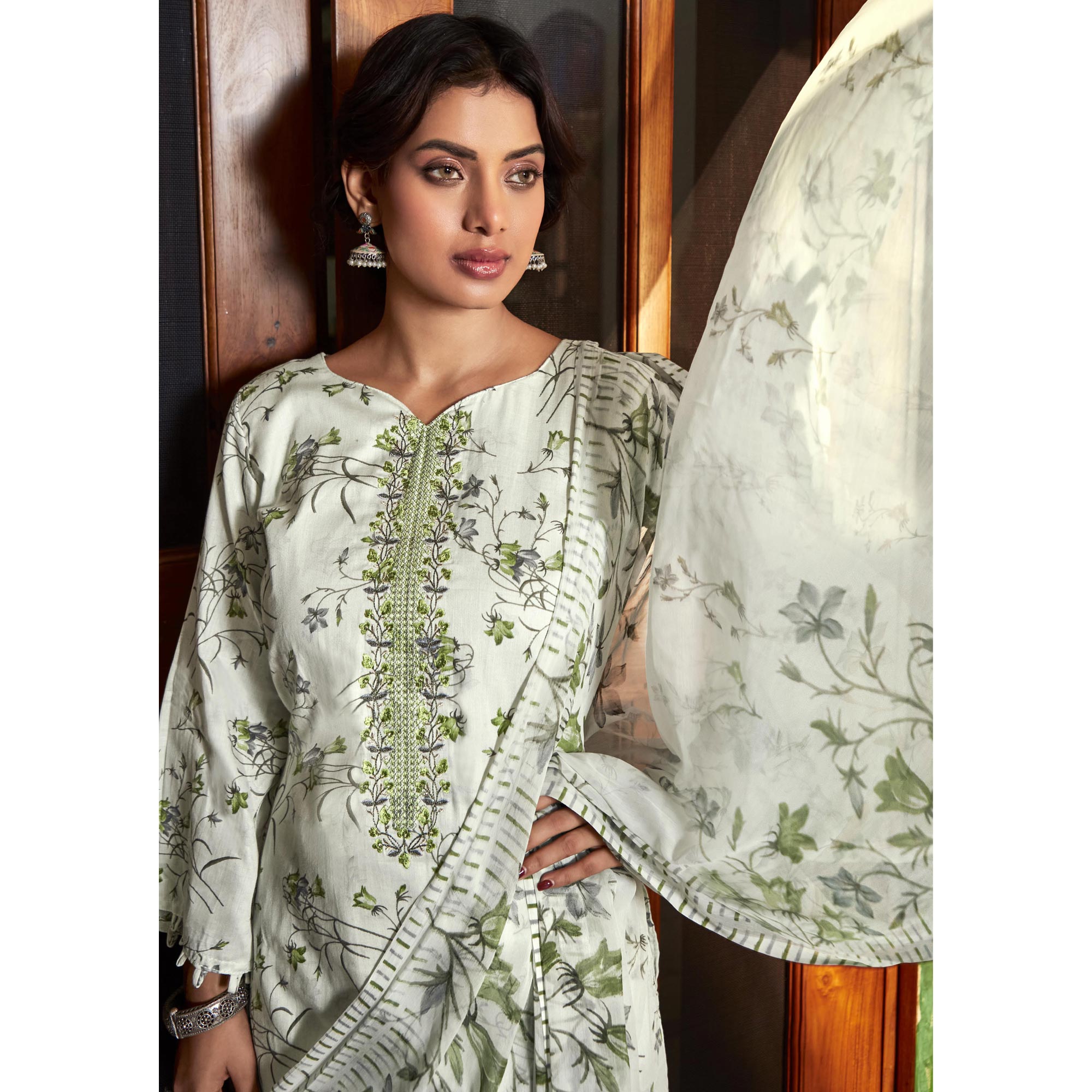 Green Printed With Embroidered Pure Cotton Suit