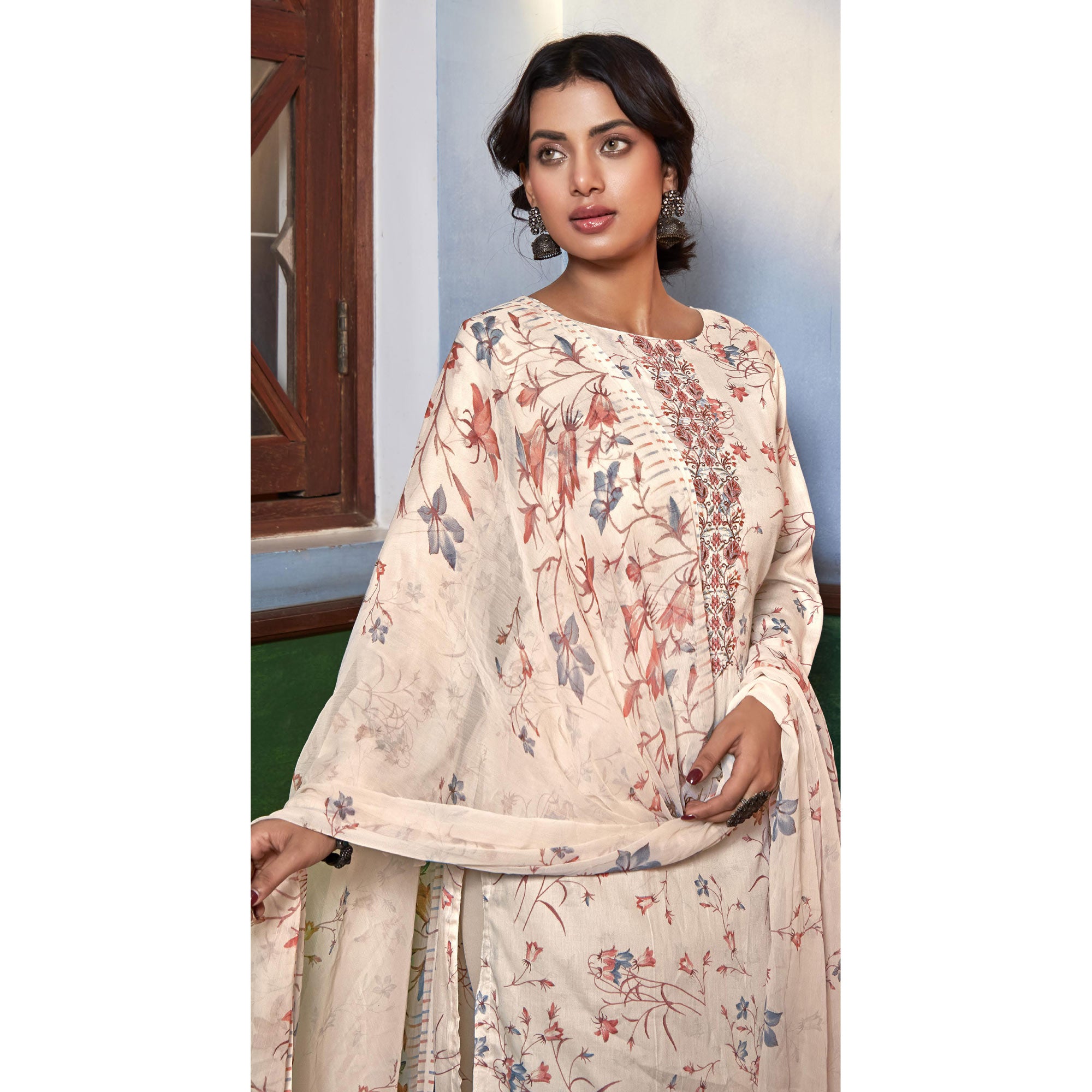 Cream Printed With Embroidered Pure Cotton Suit