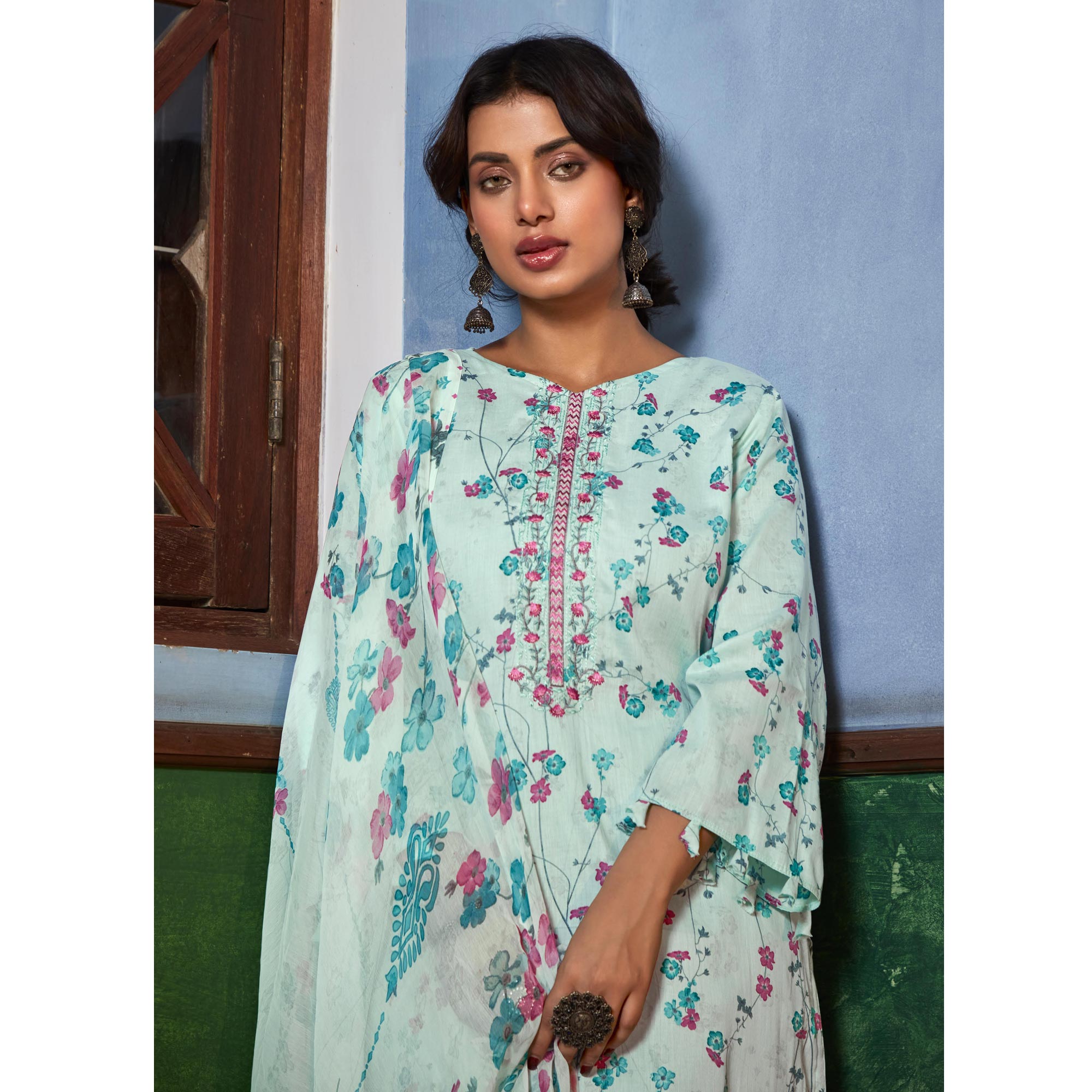 Turquoise Printed With Embroidered Pure Cotton Suit