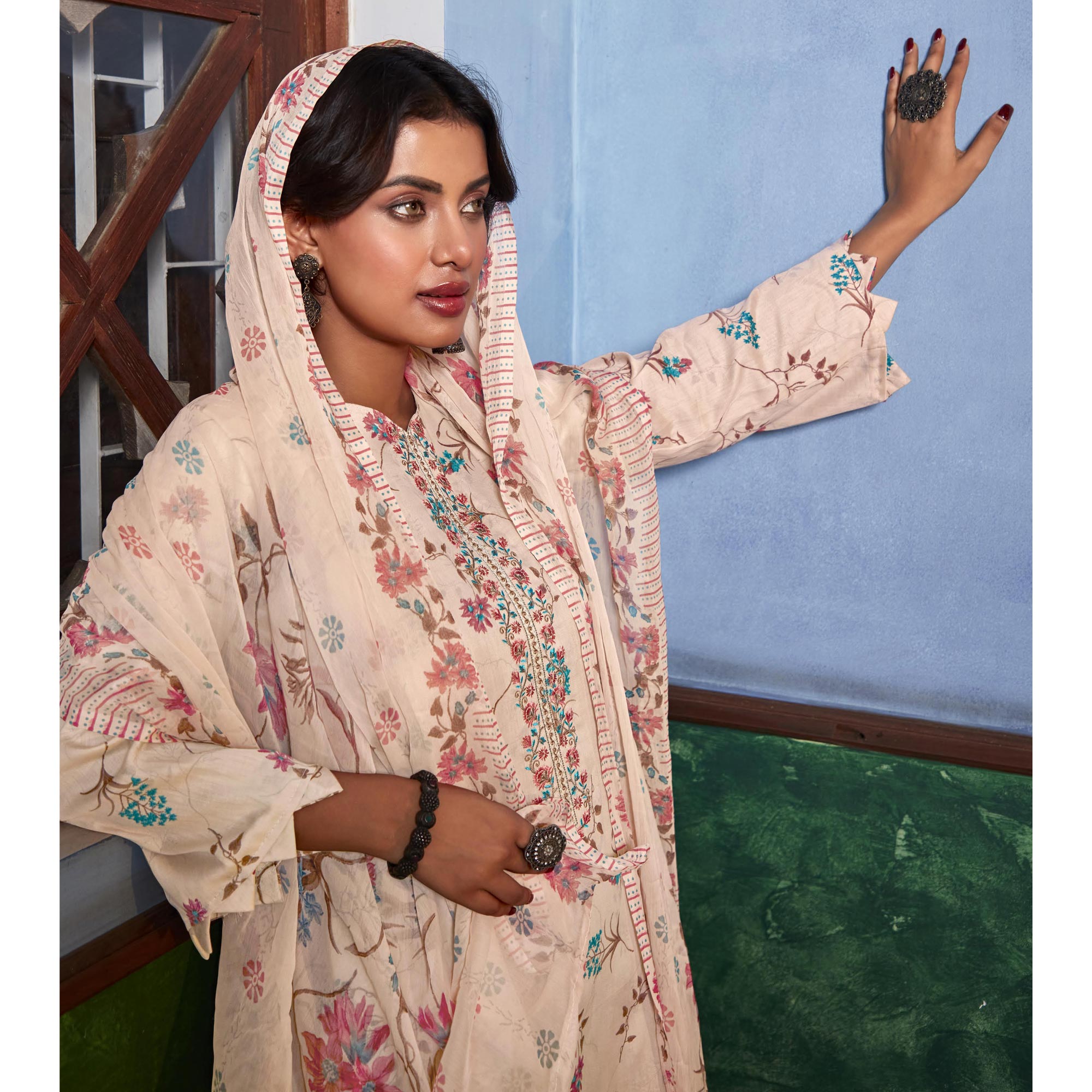 Peach Printed With Embroidered Pure Cotton Suit