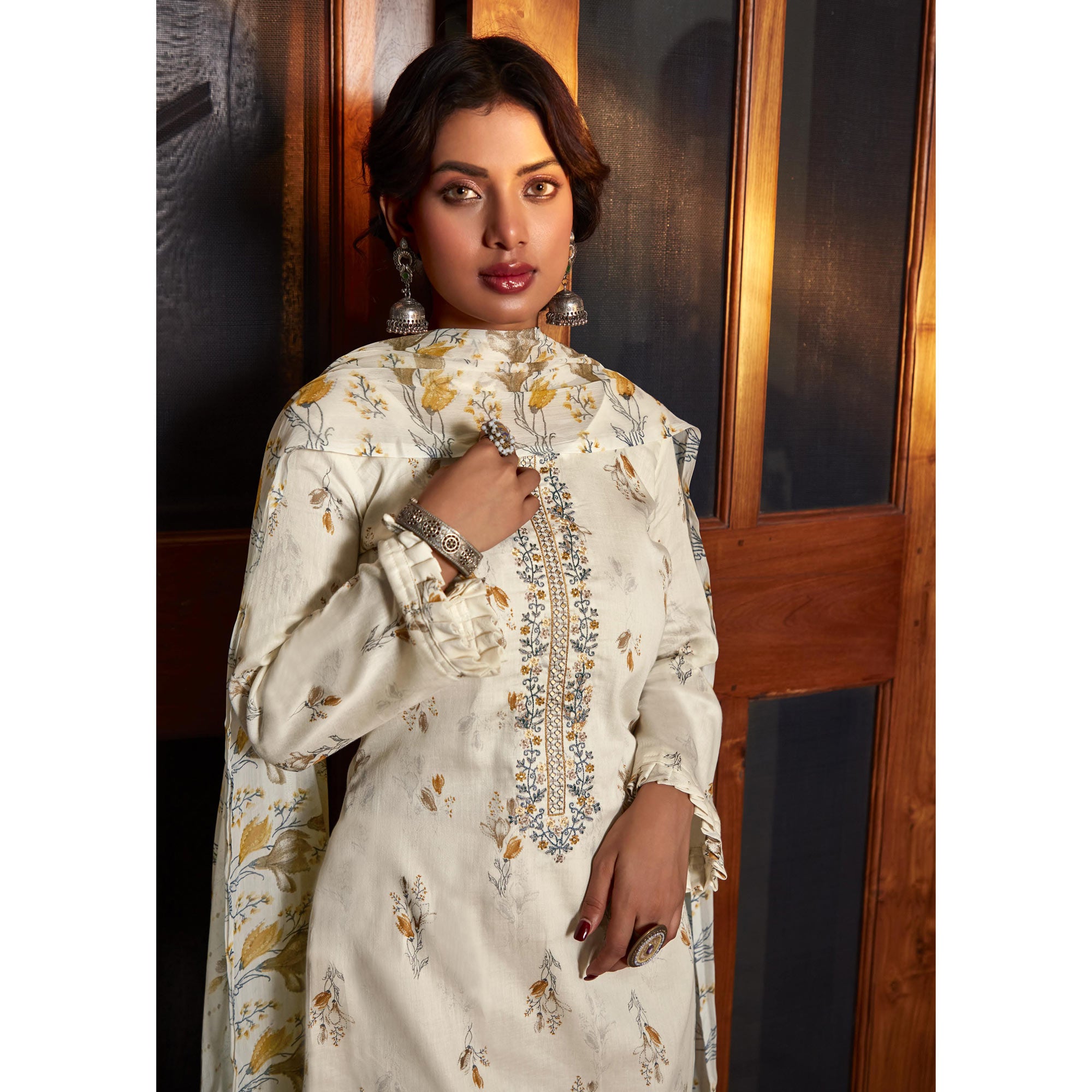 Cream Printed With Embroidered Pure Cotton Suit