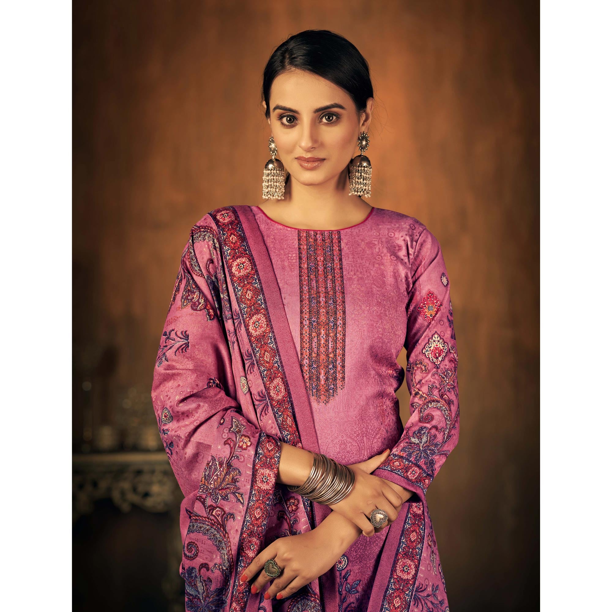 Pink Printed With Swarovski Work Pashmina Salwar Suit