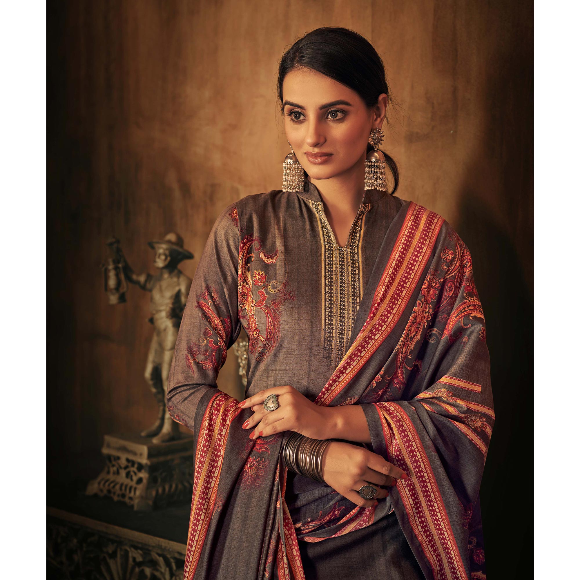 Brown Printed With Swarovski Work Pashmina Salwar Suit