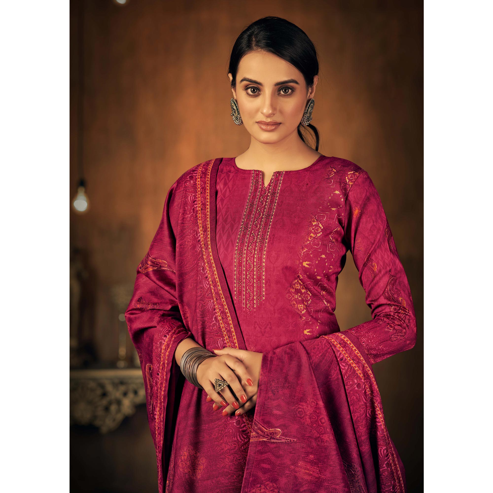 Magenta Printed With Swarovski Work Pashmina Salwar Suit