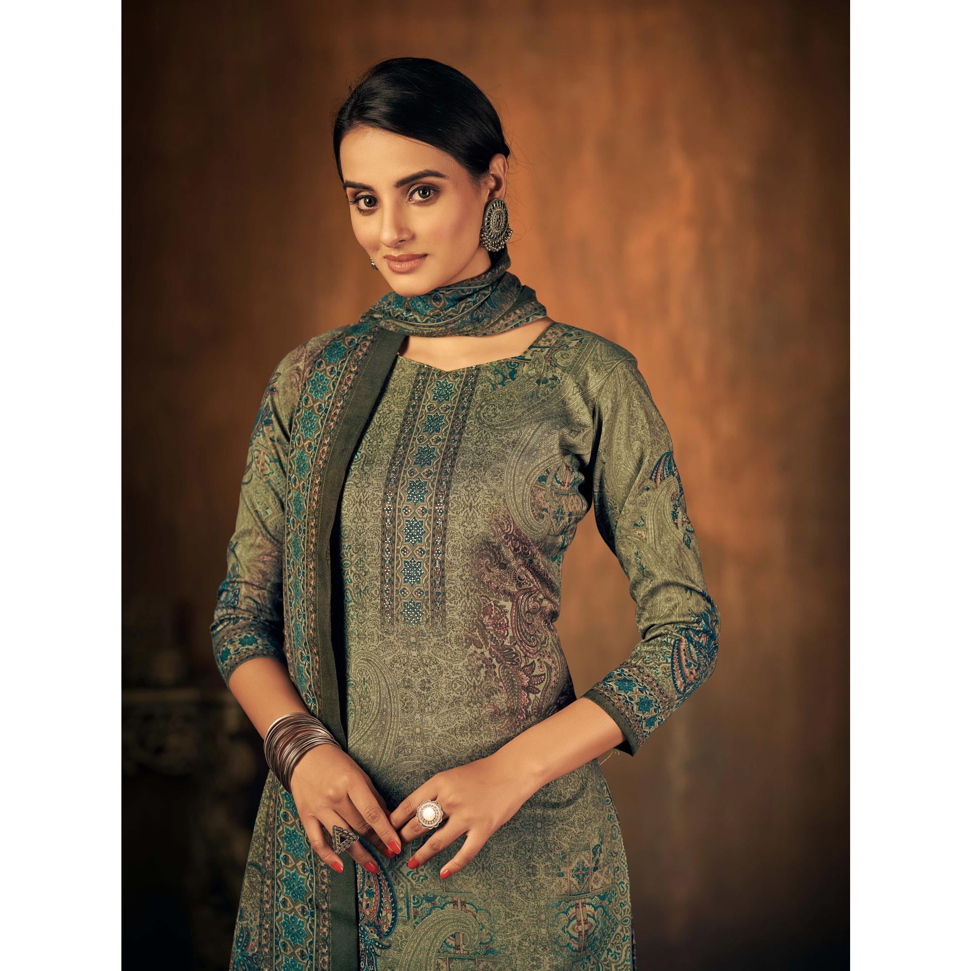 Green Printed With Swarovski Work Pashmina Salwar Suit