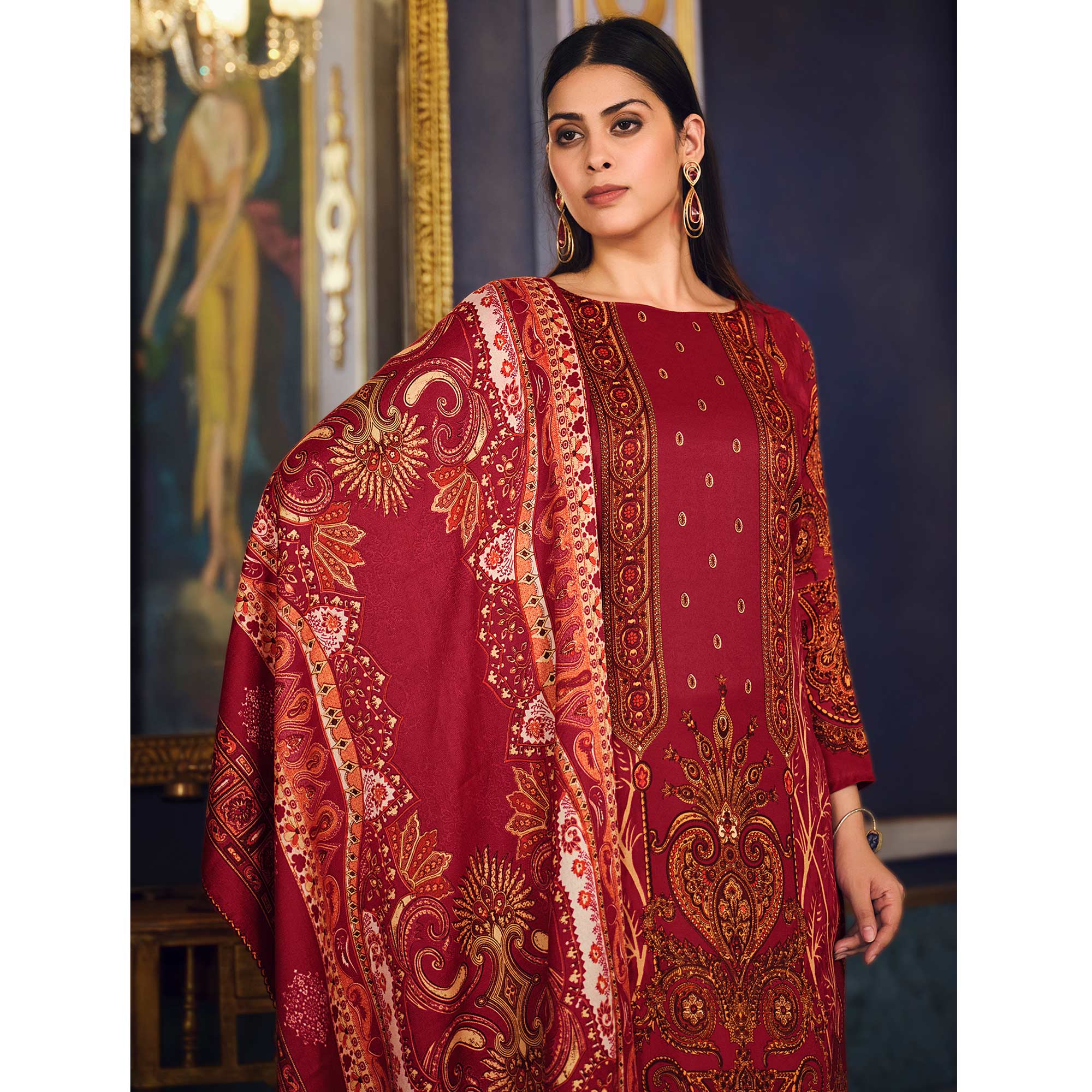 Red Digital Printed Pashmina Woolen Suit