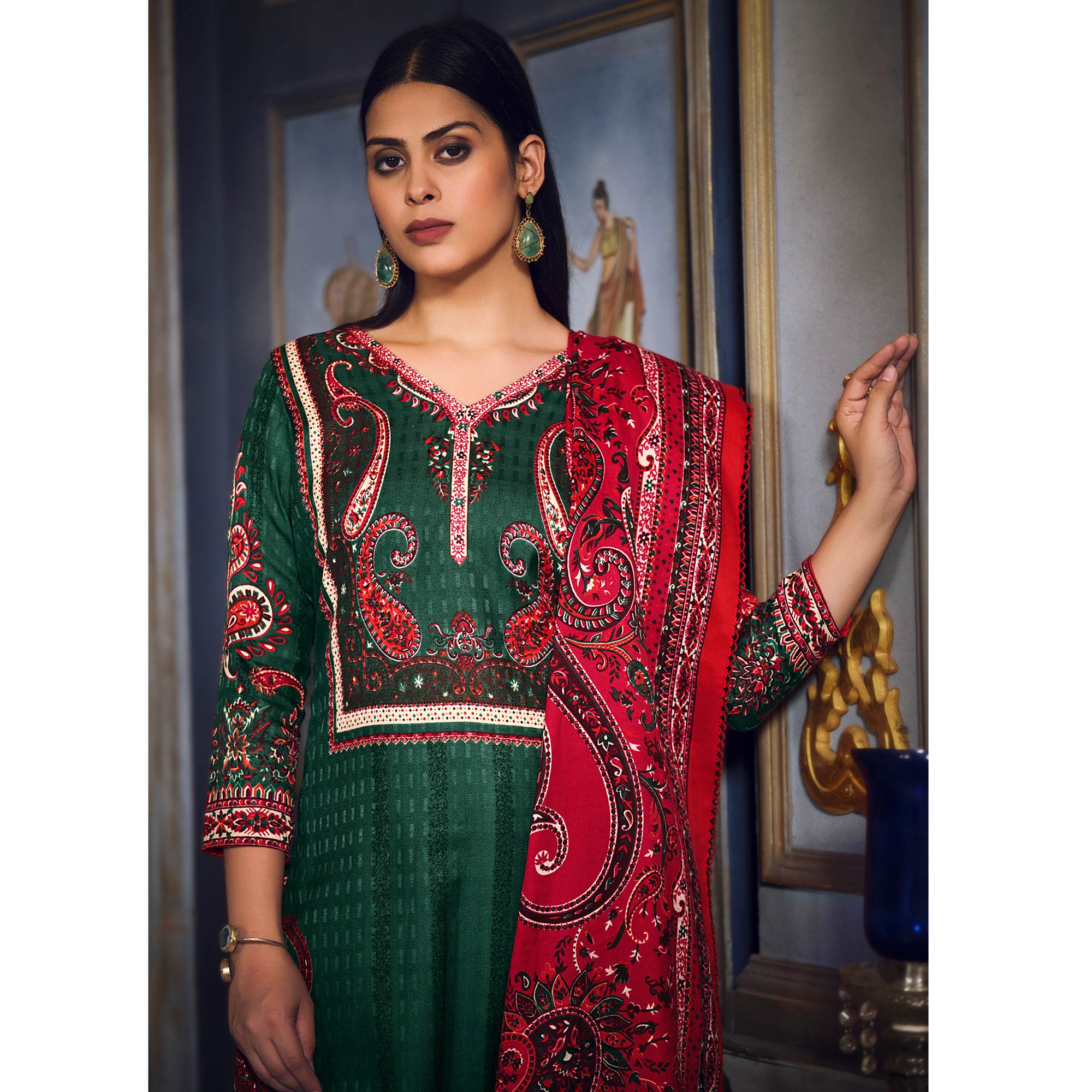 Green Digital Printed Pashmina Woolen Suit