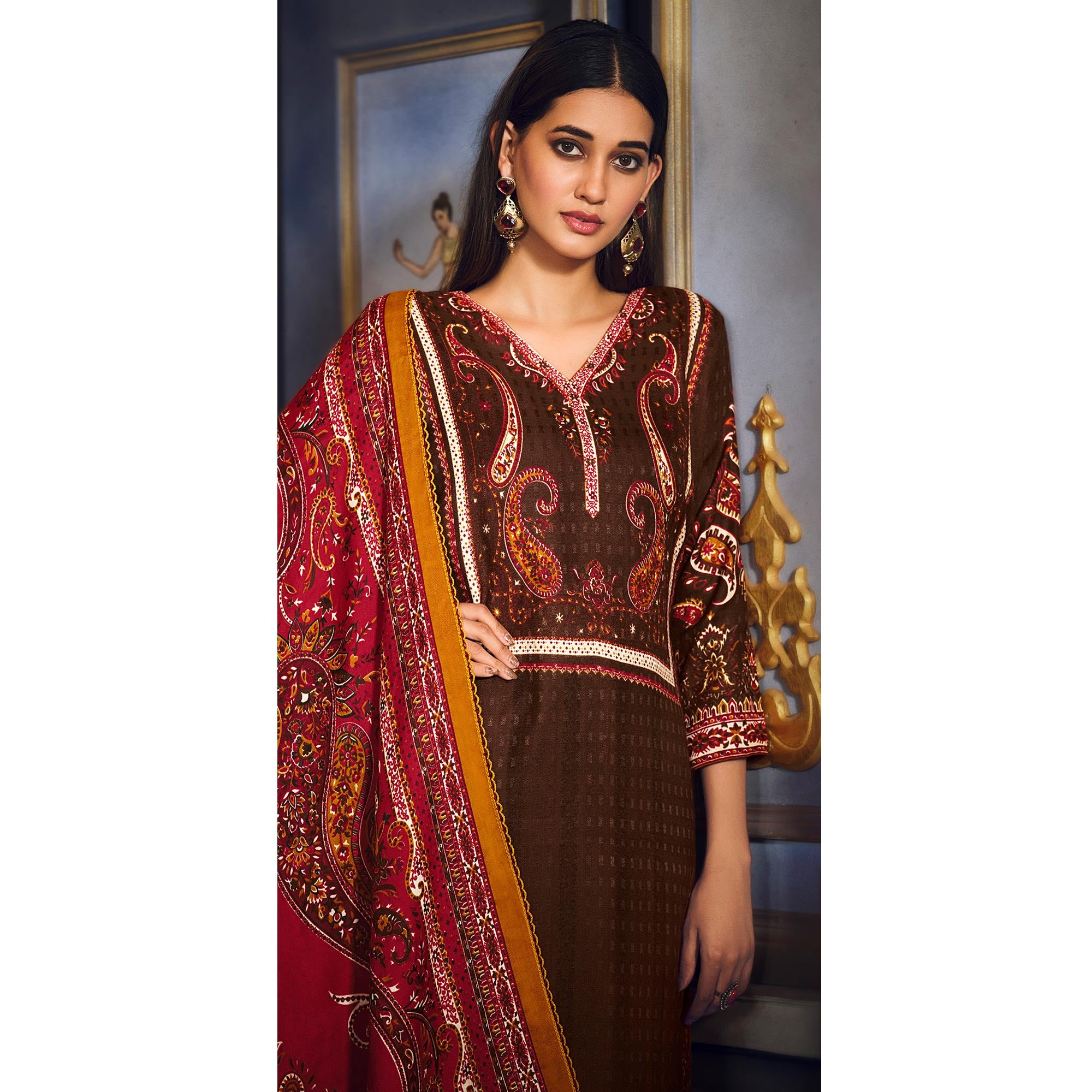 Brown Digital Printed Pashmina Woolen Suit