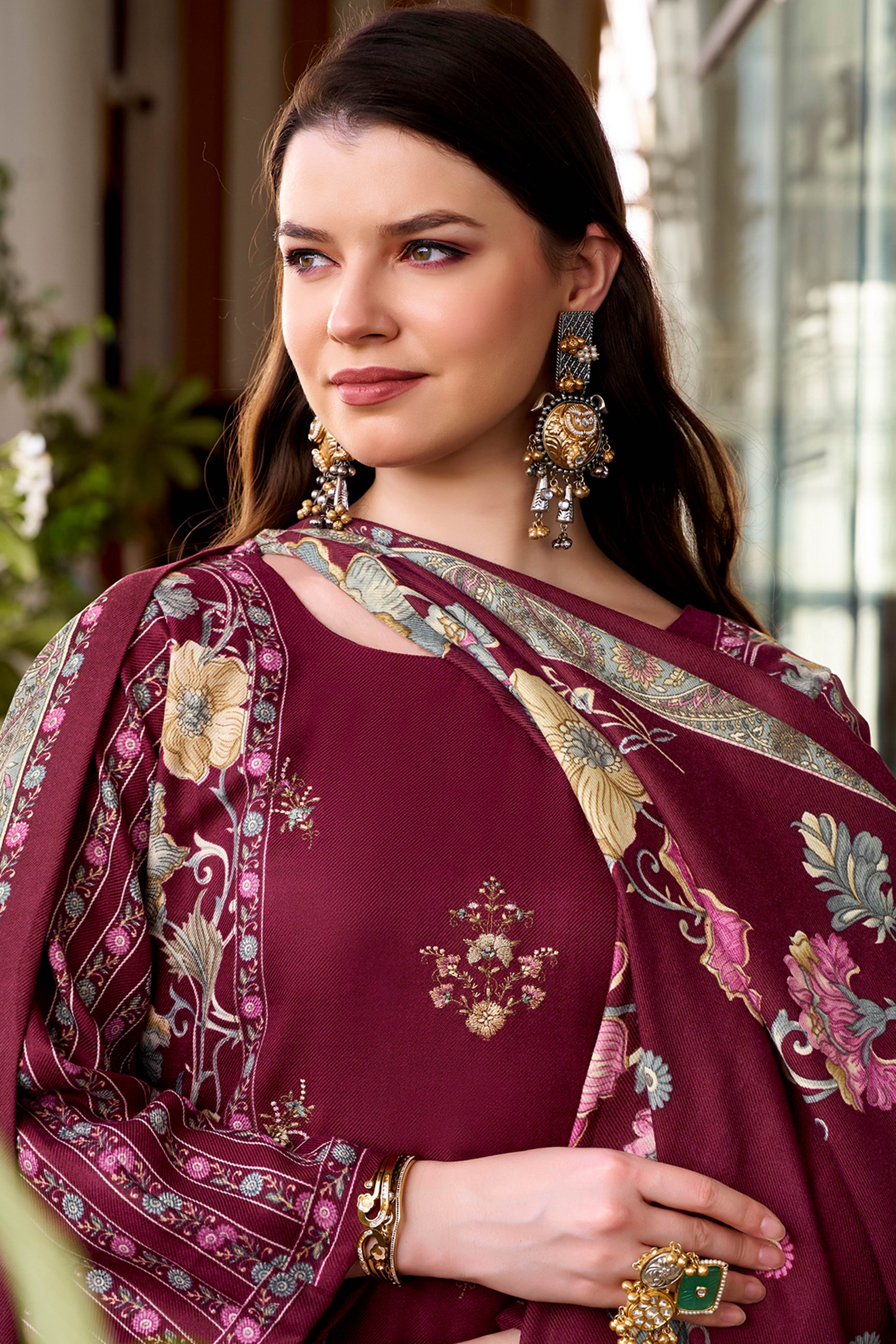 Maroon Floral Printed Pure Wool Pashmina Suit Material Ideal for Winter Fashion