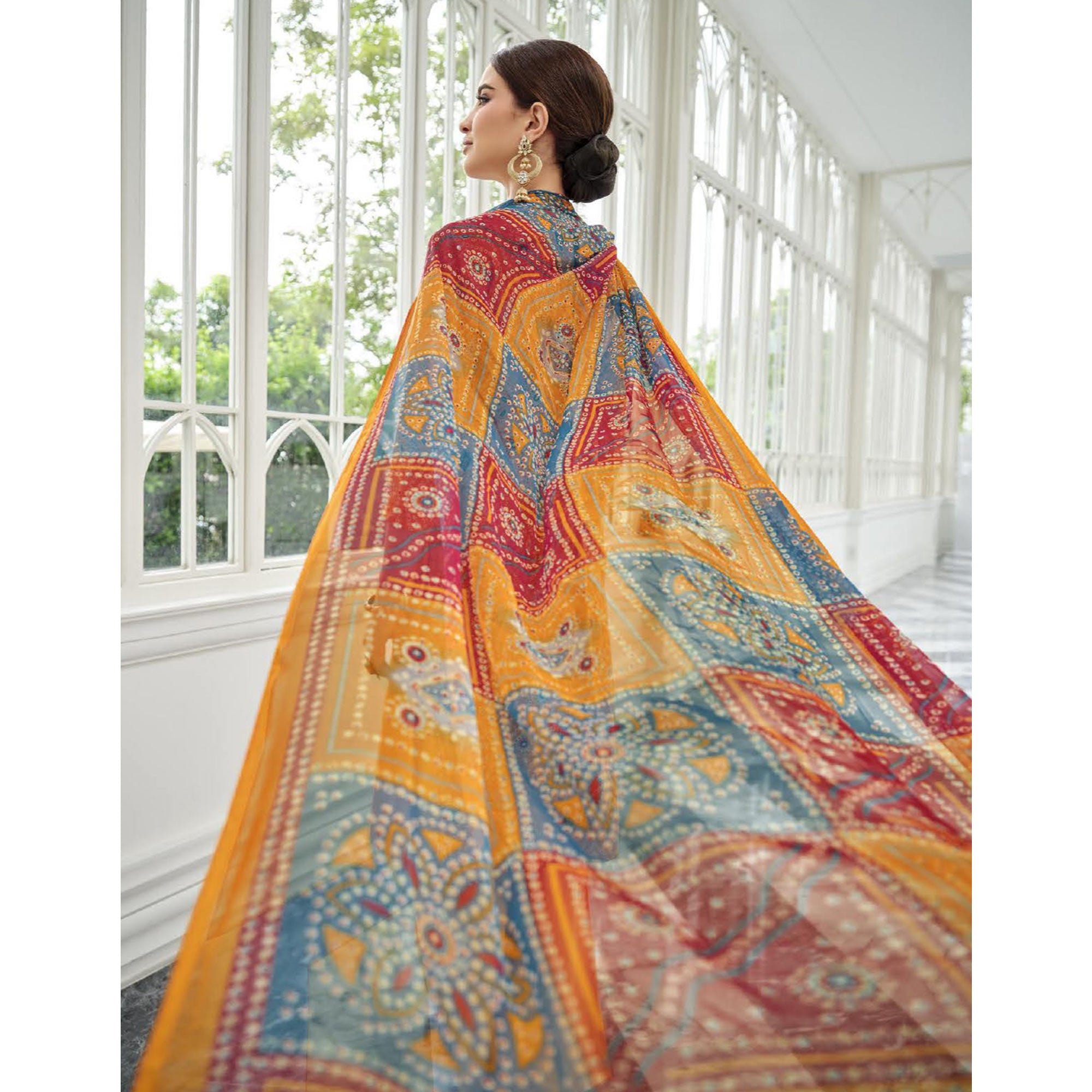 Orange Printed With Embroidered Rayon Suit