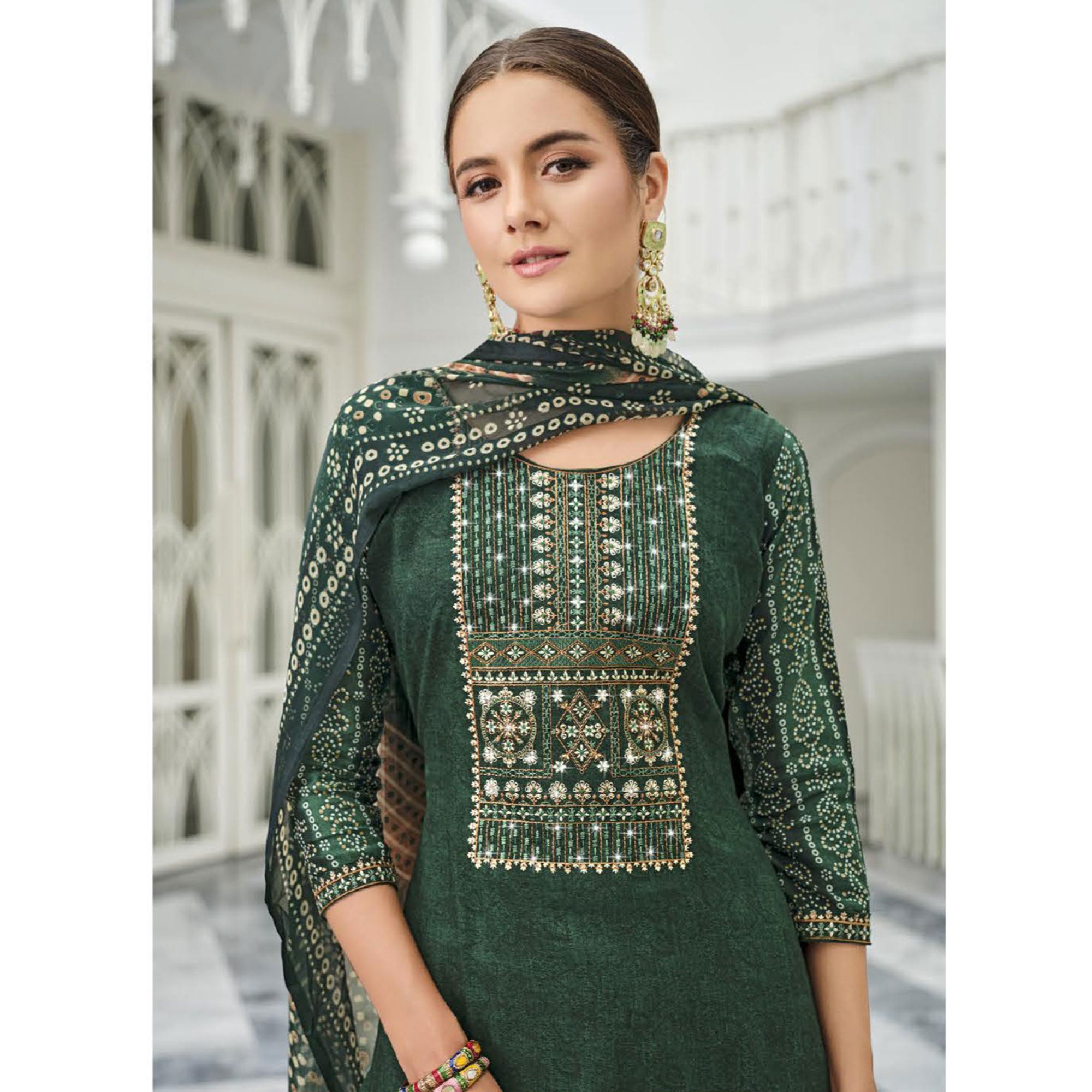 Green Printed With Embroidered Rayon Suit