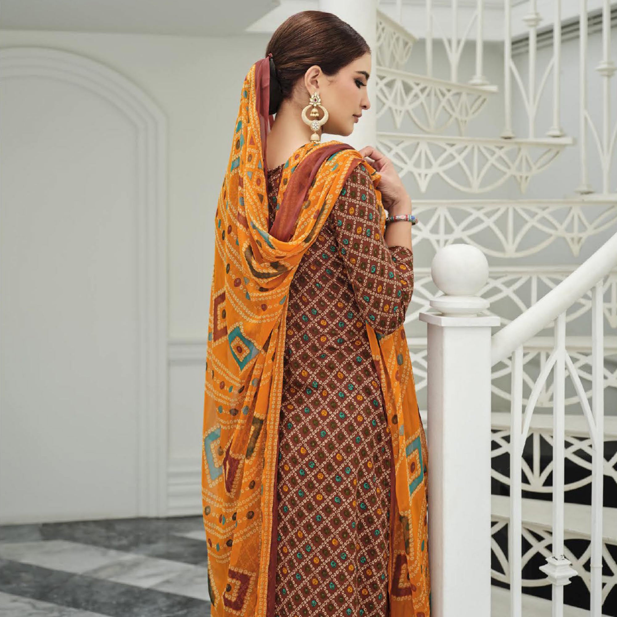 Rust Printed With Embroidered Rayon Suit