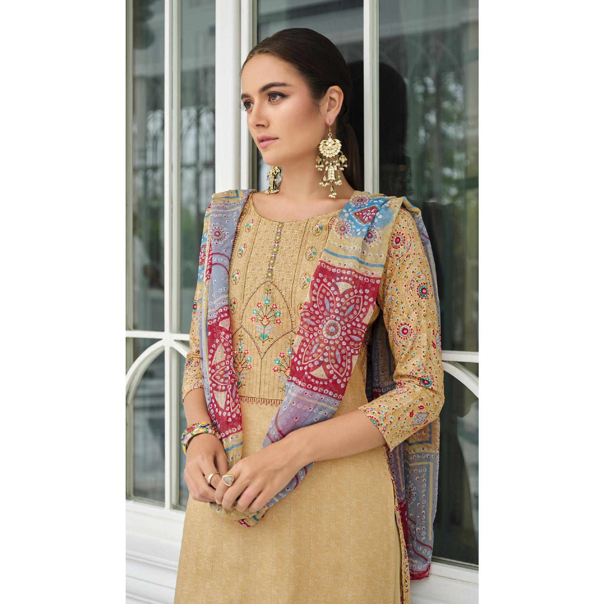 Beige Printed With Embroidered Rayon Suit