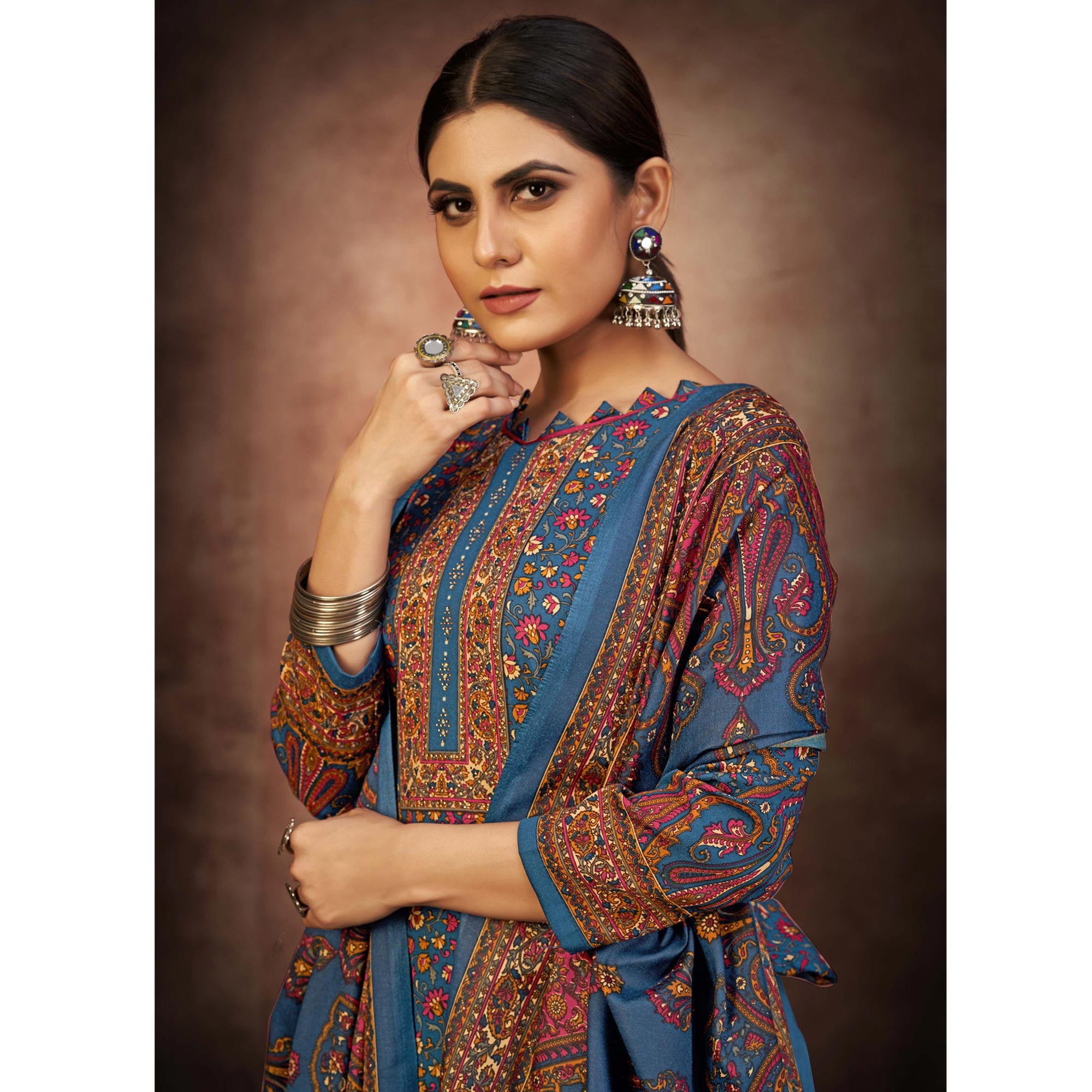 Blue Floral Printed With Swarovski Work Pashmina Suit