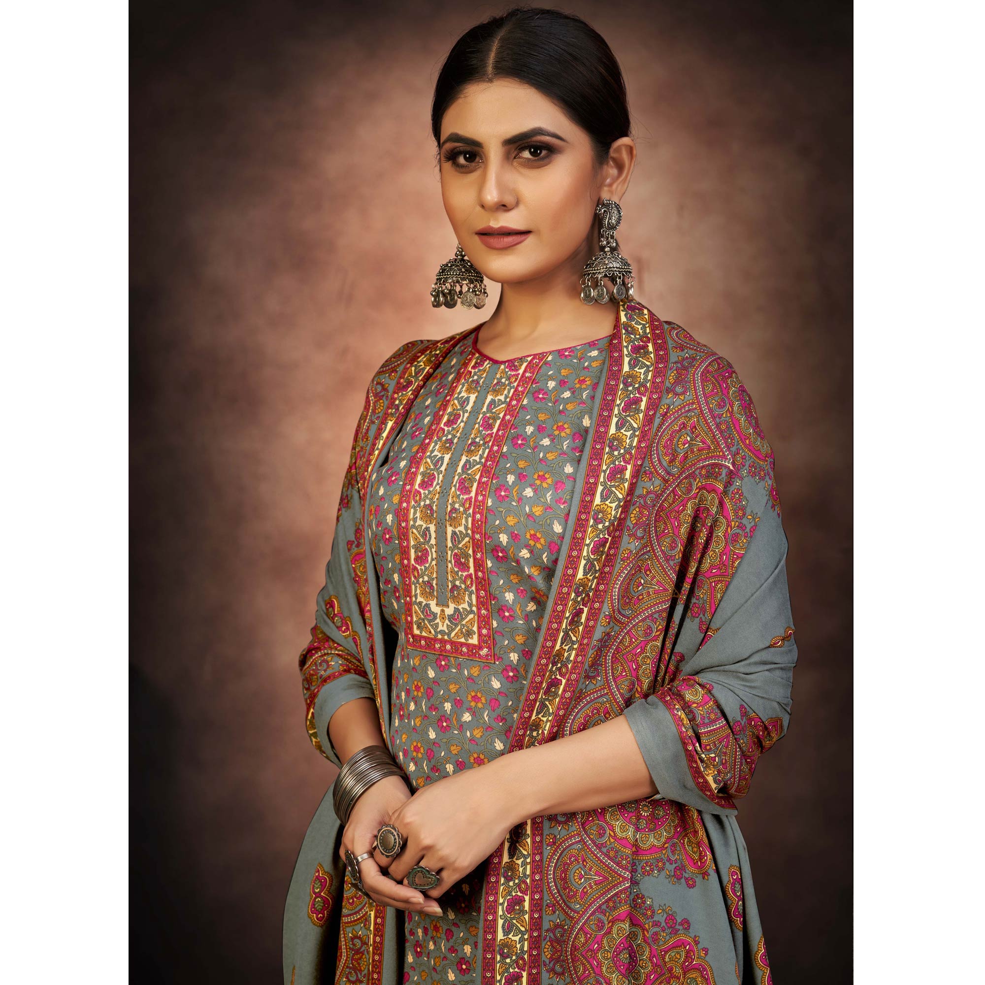 Grey Floral Printed With Swarovski Work Pashmina Suit