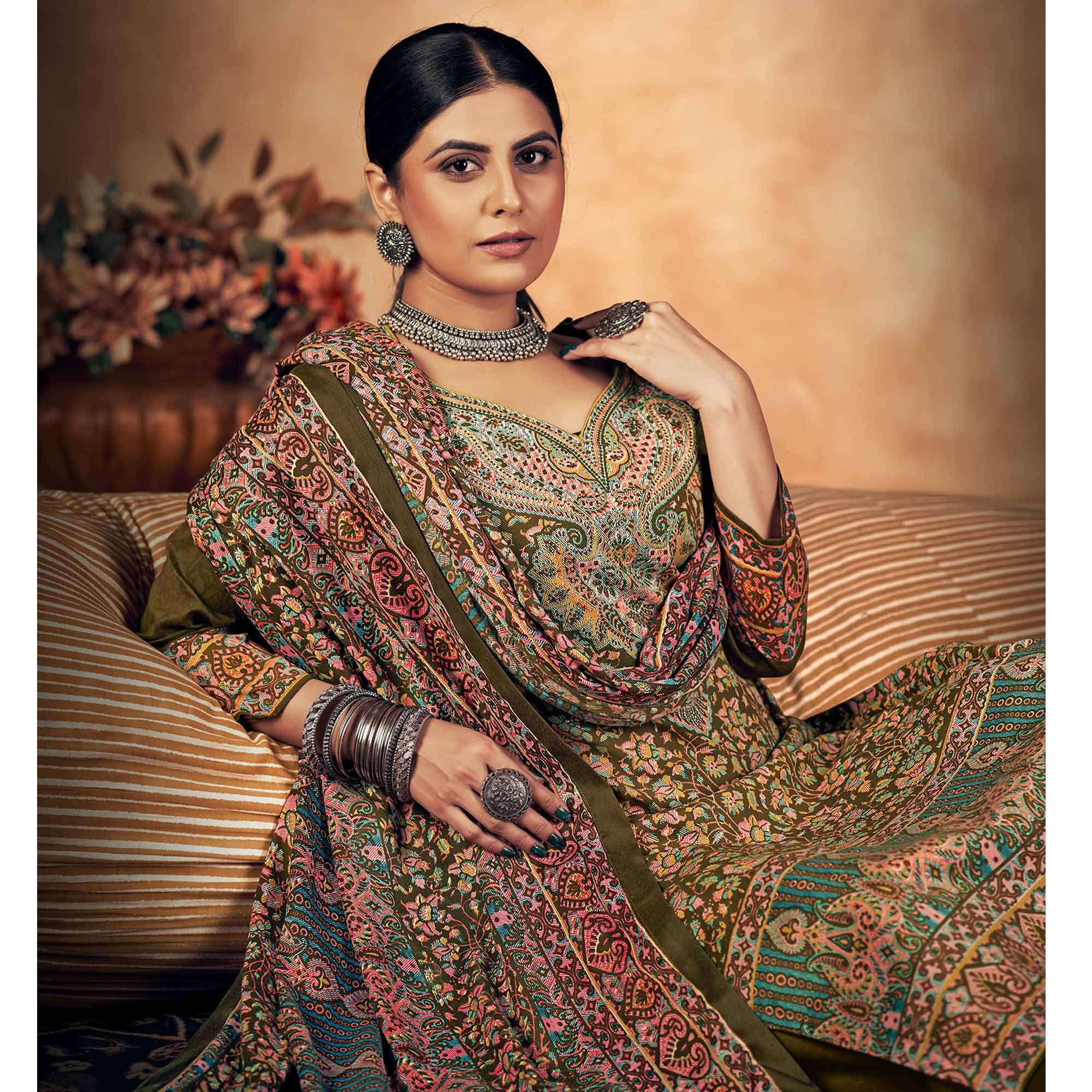 Mehandi Green Floral Printed Pashmina Woolen Suit