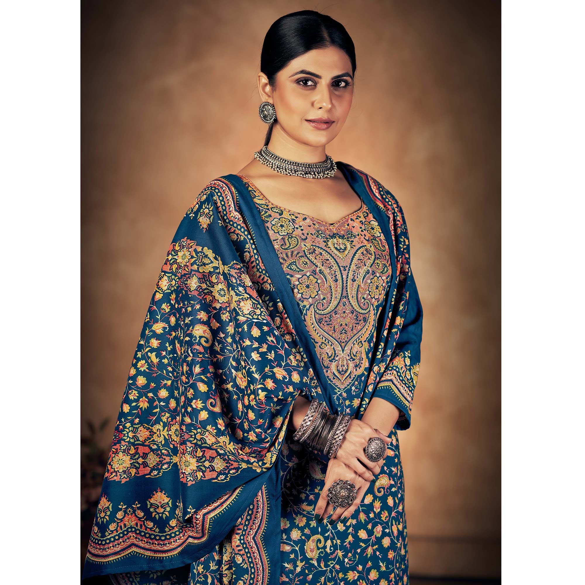 Blue Floral Printed Pashmina Woolen Suit