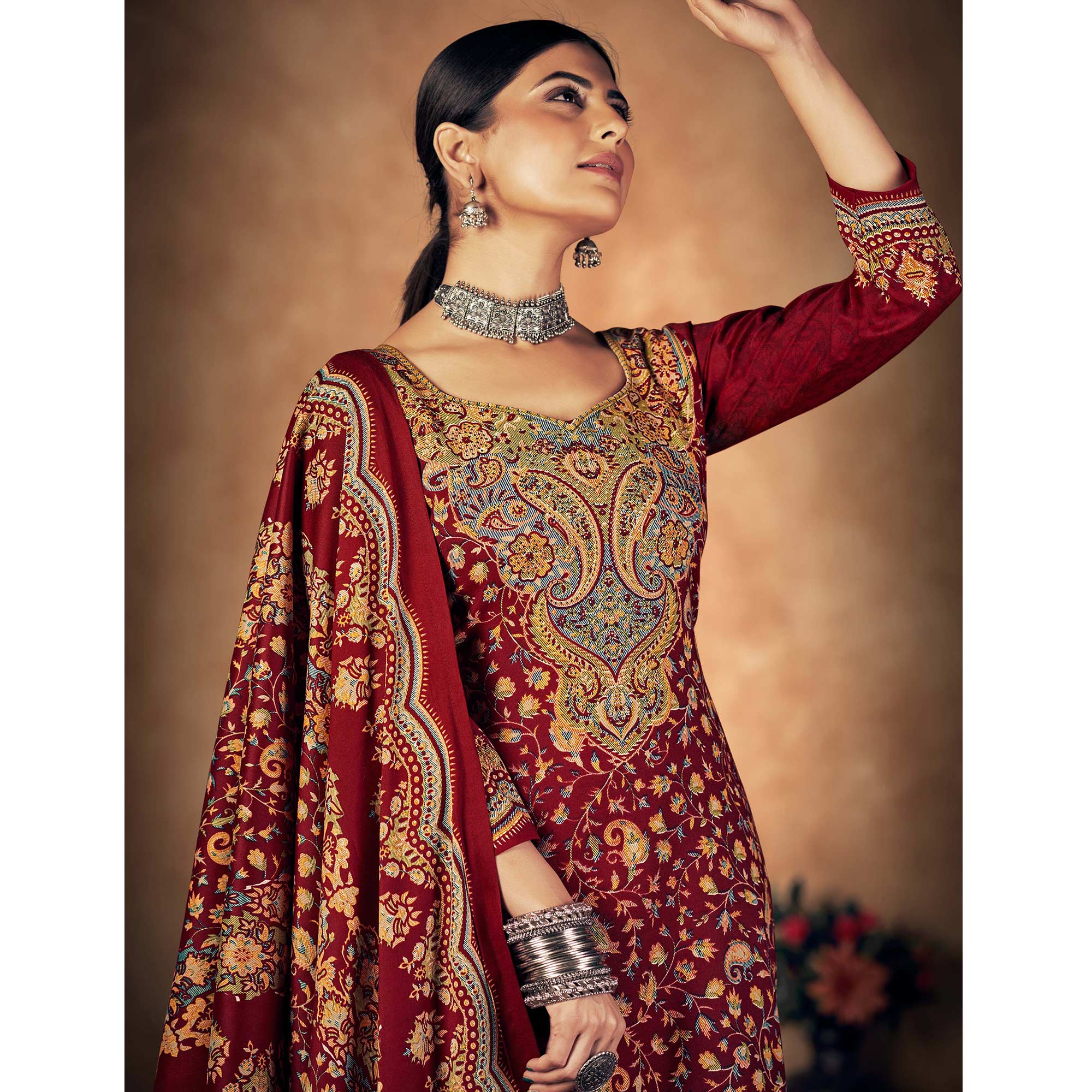 Maroon Floral Printed Pashmina Woolen Suit