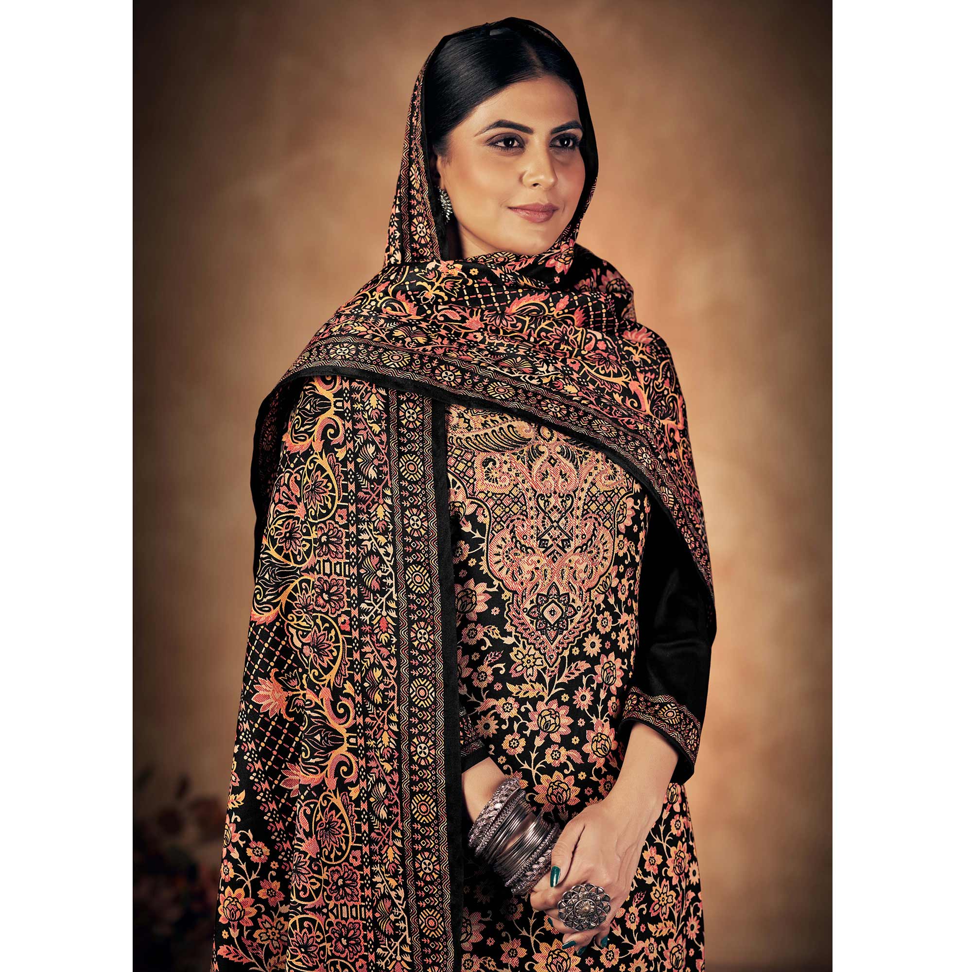 Black Floral Printed Pashmina Woolen Suit