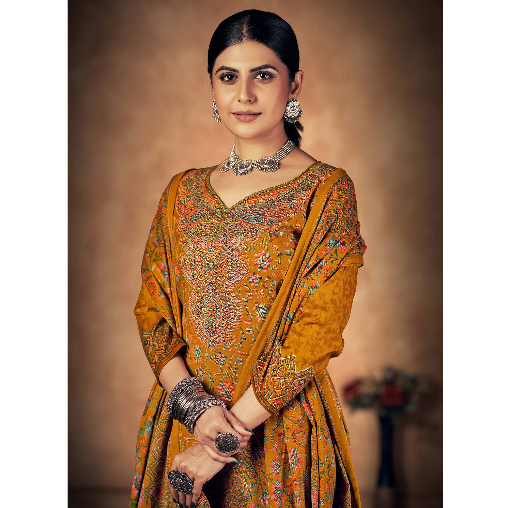 Mustard Floral Printed Pashmina Woolen Suit