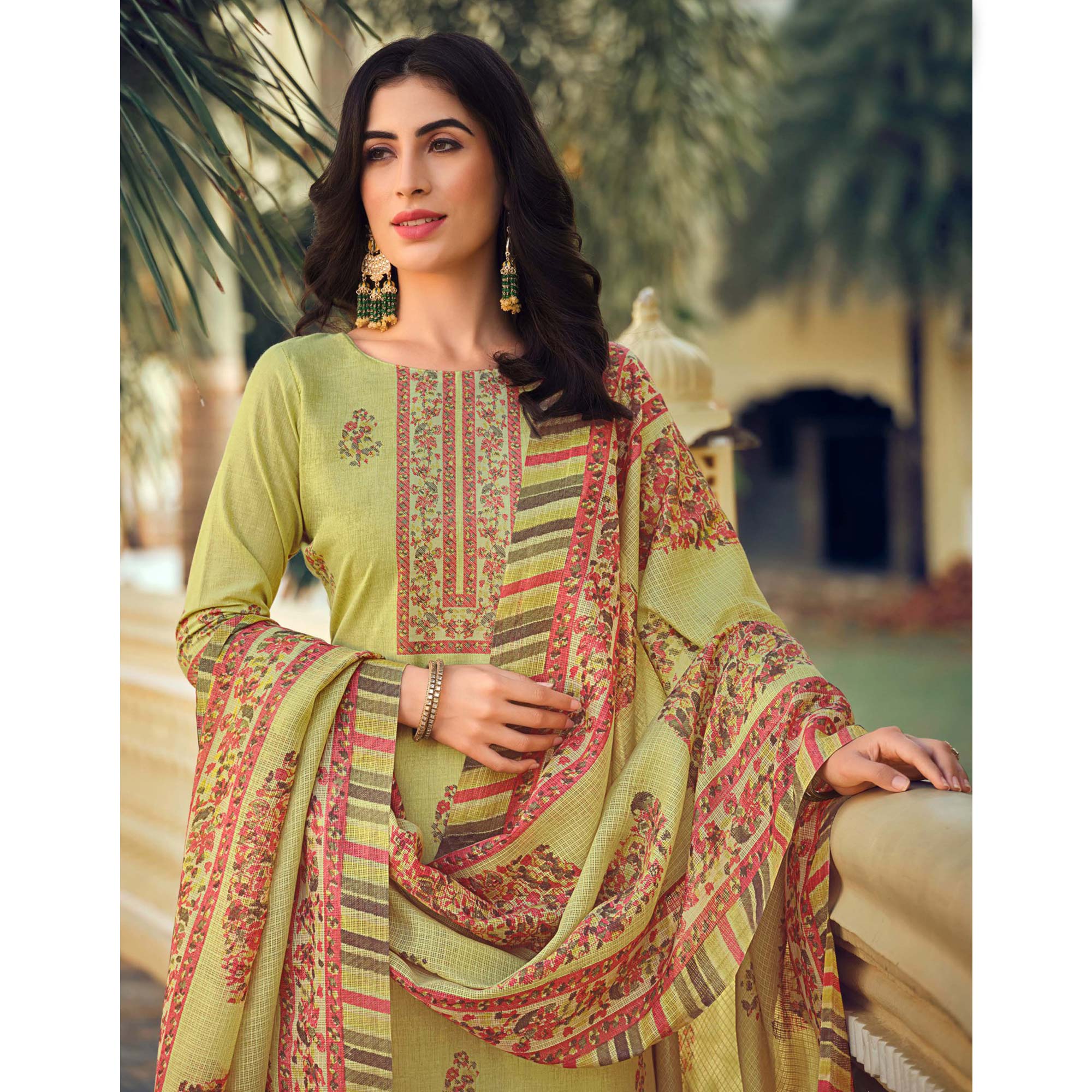 Green Floral Printed Pure Cotton Suit