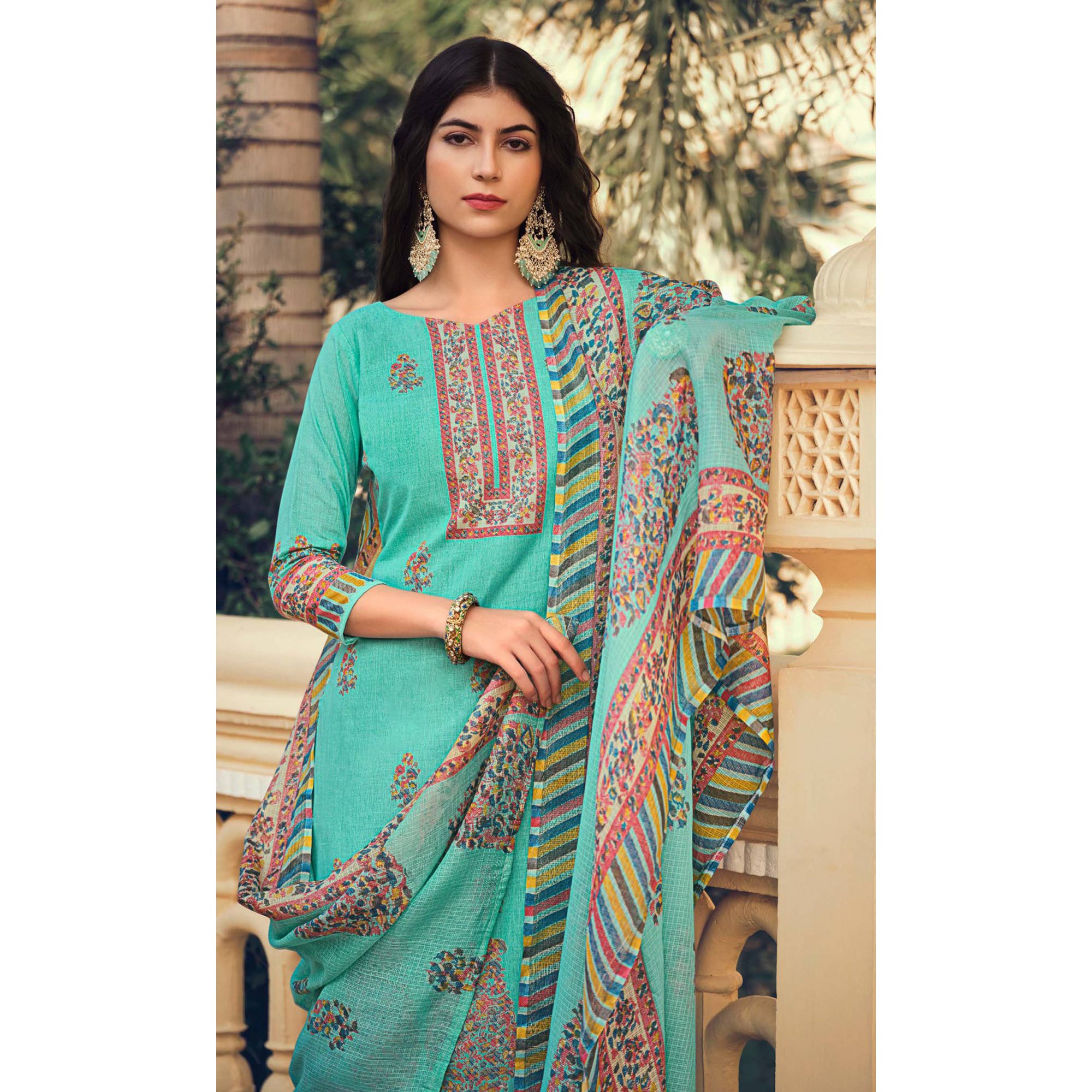 Turquoise Floral Printed Pure Cotton Suit