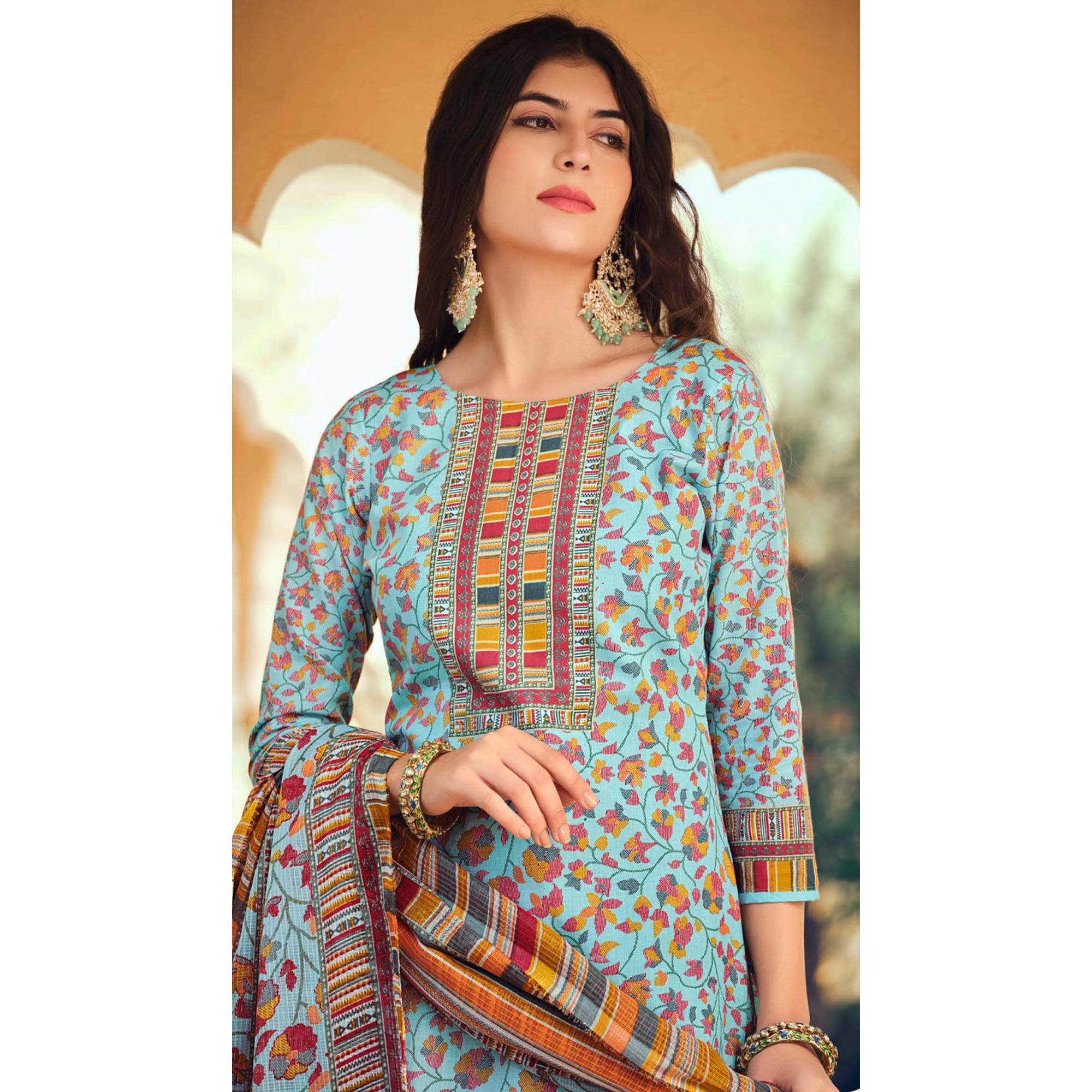 Blue Floral Printed Pure Cotton Suit