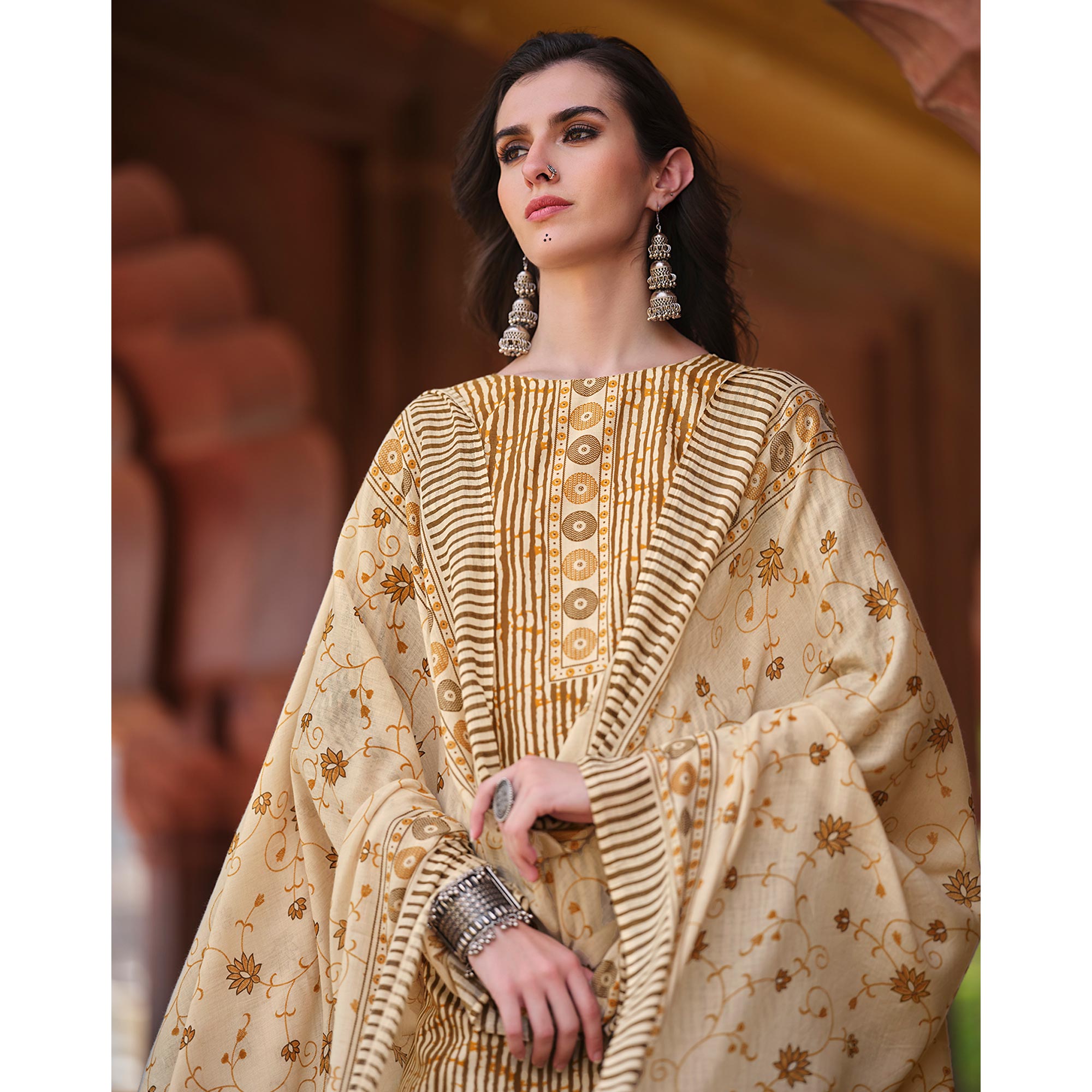 Beige Printed Pure Cotton Dress Material