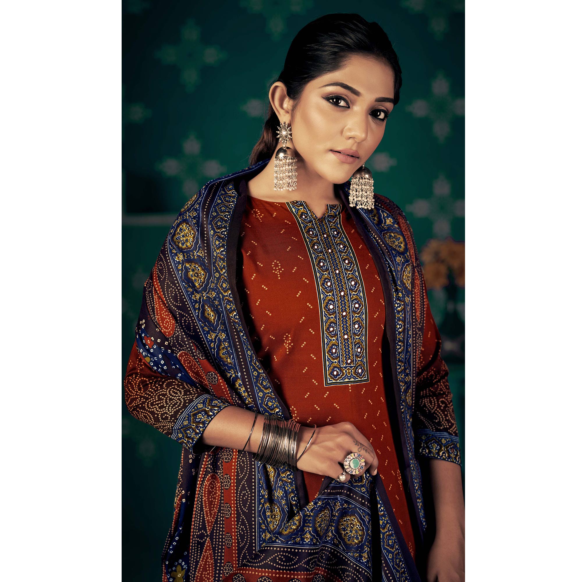 Rust Bandhani Printed Pashmina Salwar Suit