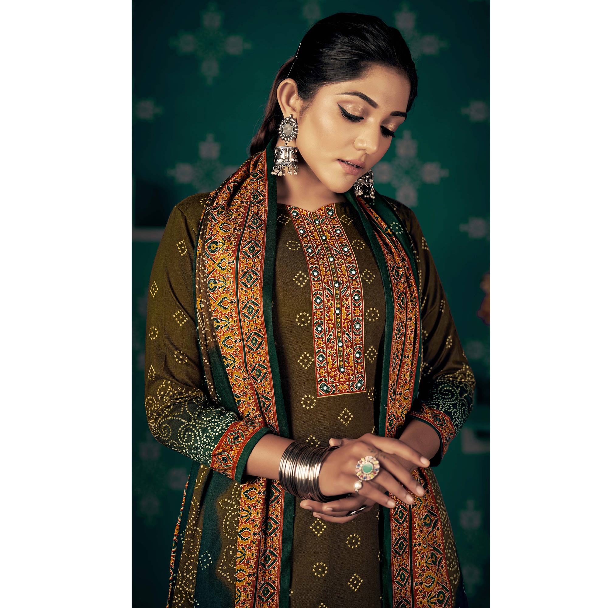 Mehendi Green Bandhani Printed Pashmina Salwar Suit