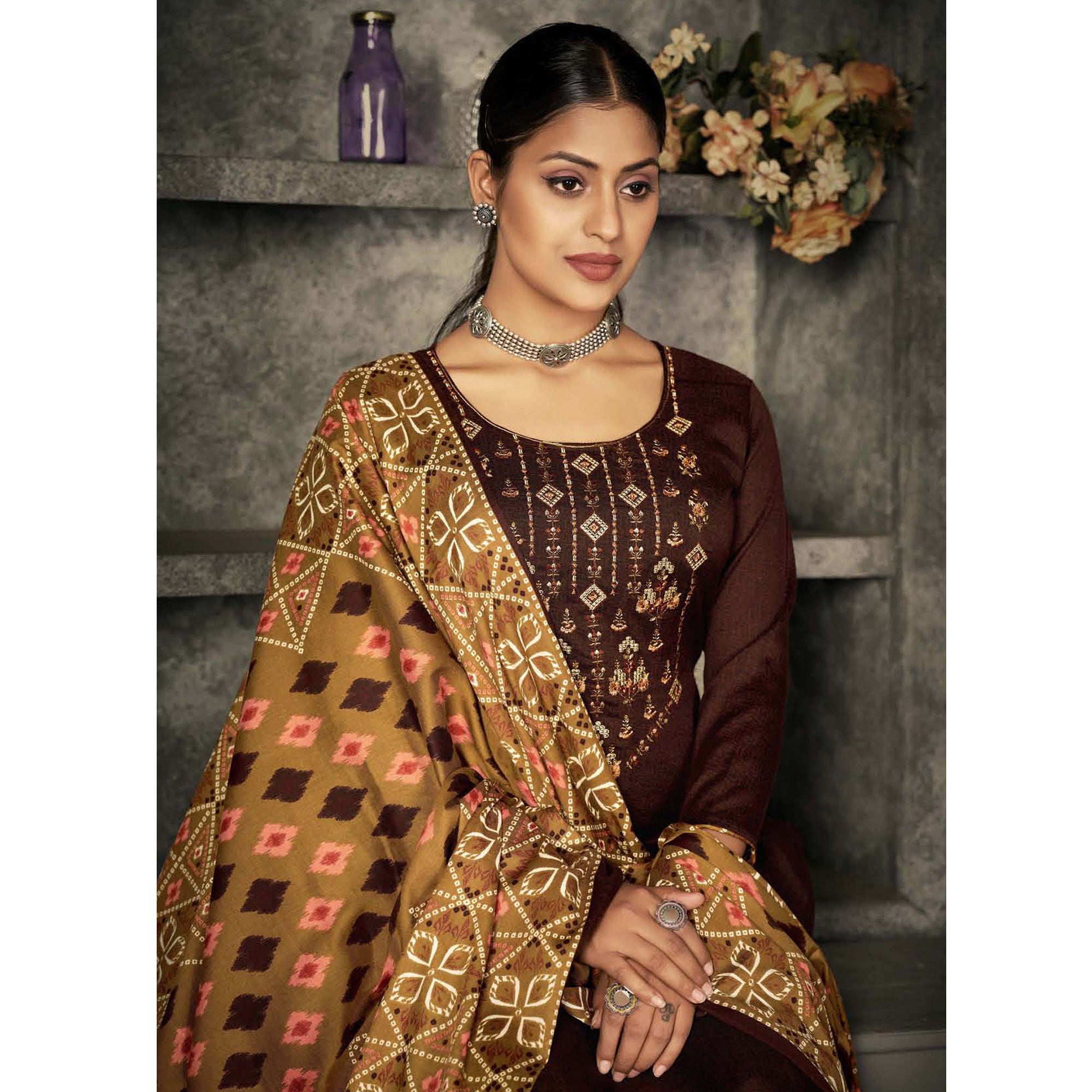 Brown Floral Embroidered With Printed Pashmina Salwar Suit