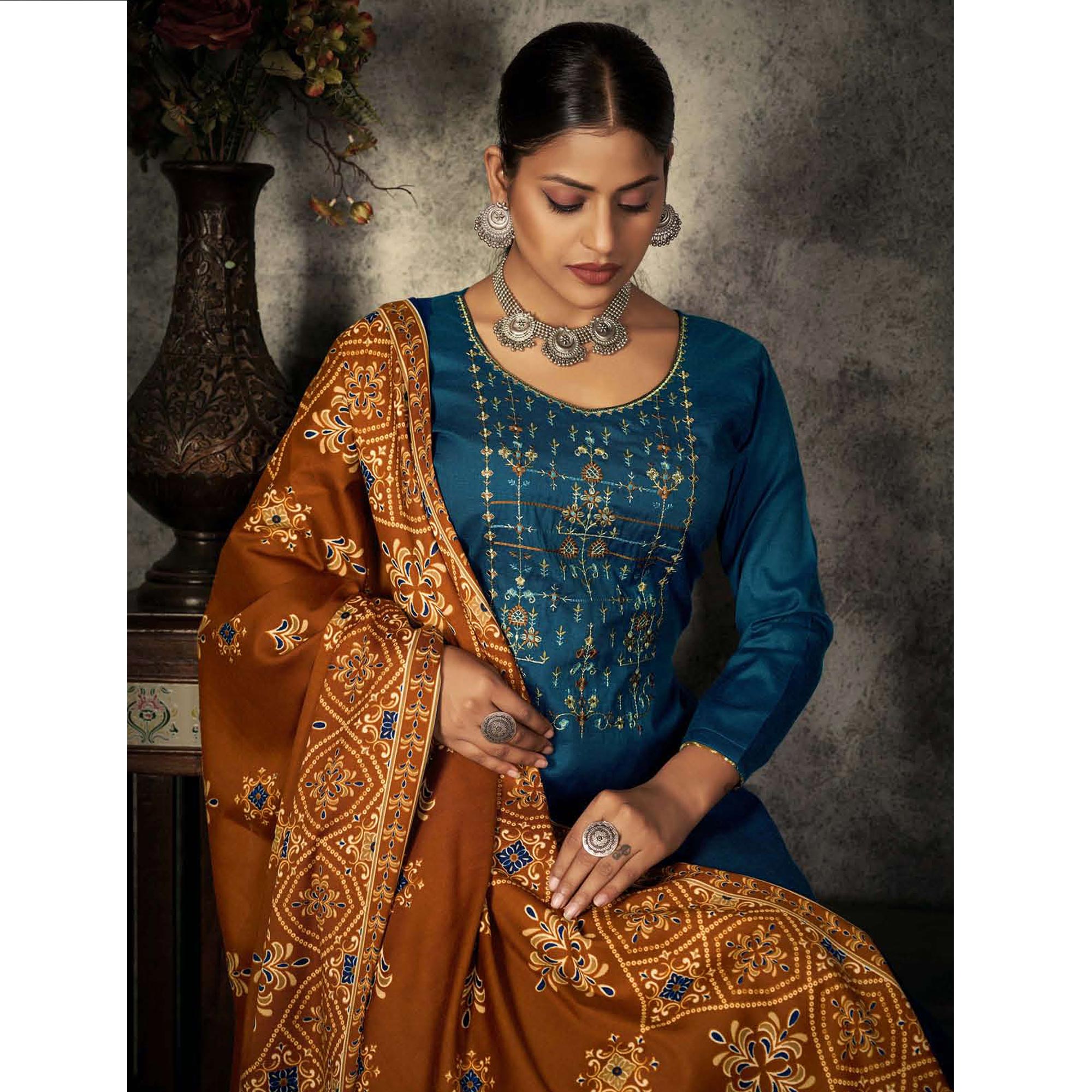 Morpich Floral Embroidered With Printed Pashmina Salwar Suit