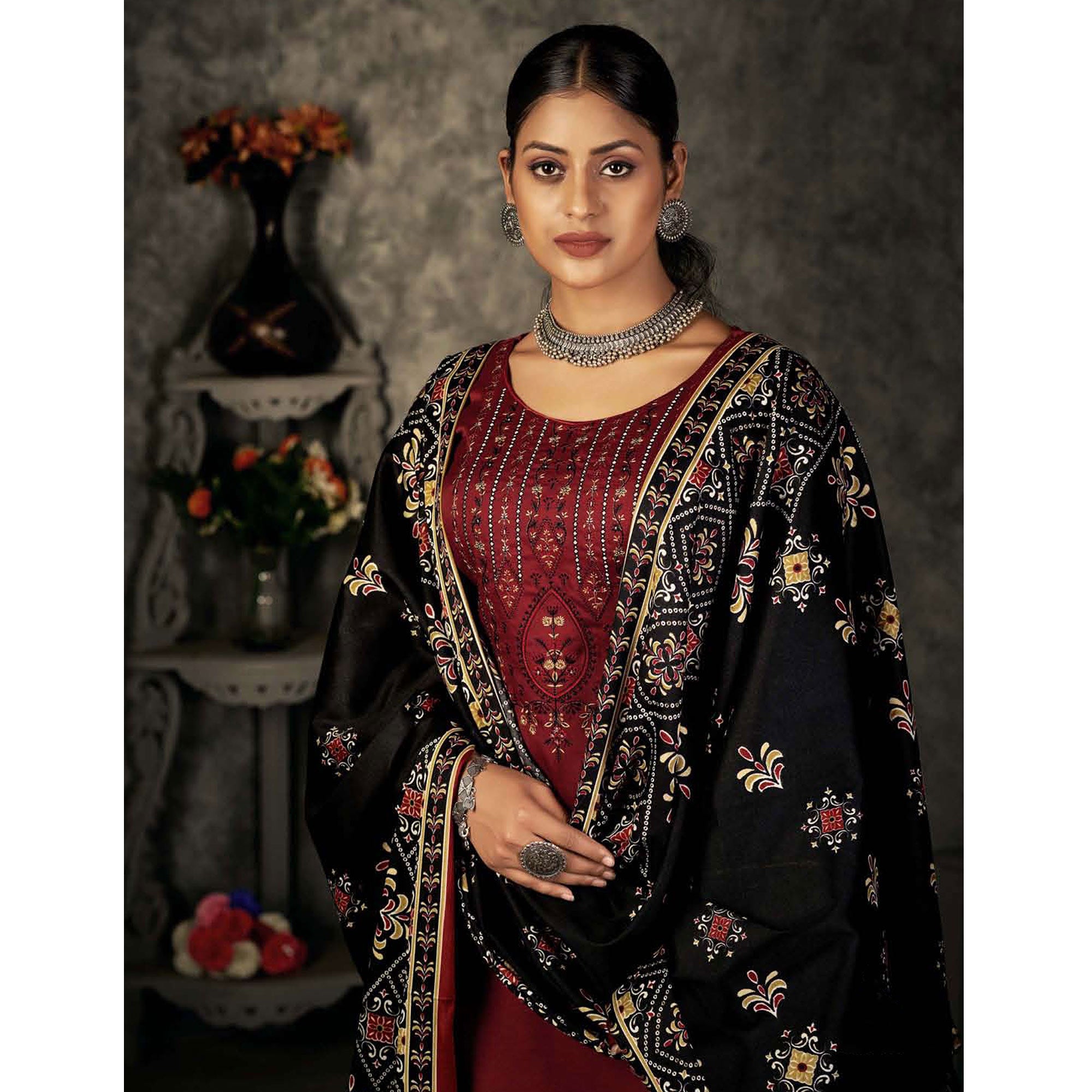 Maroon Floral Embroidered With Printed Pashmina Salwar Suit