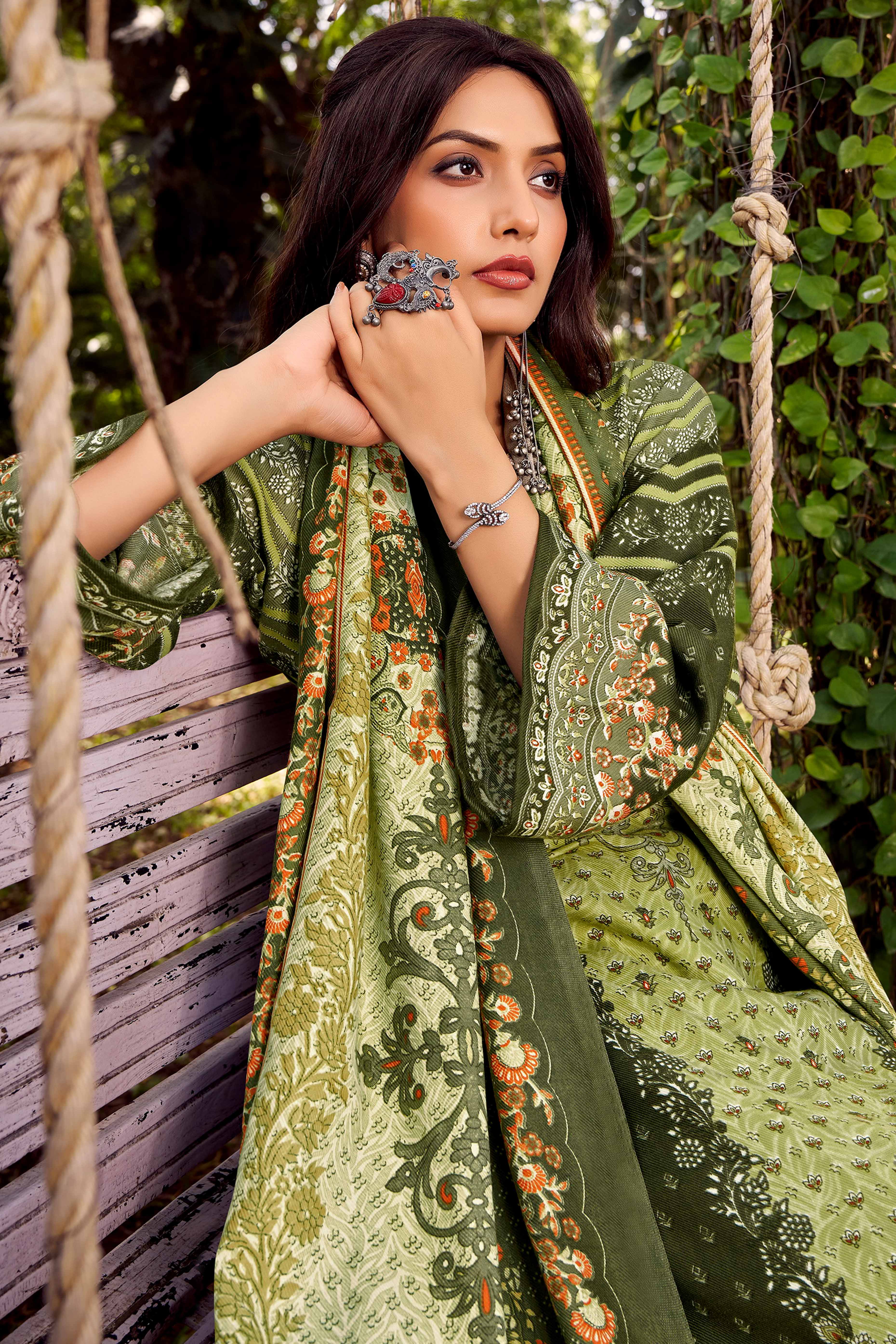 Elegant Olive Green Floral Printed Pure Pashmina Dress Material for Winter Wear