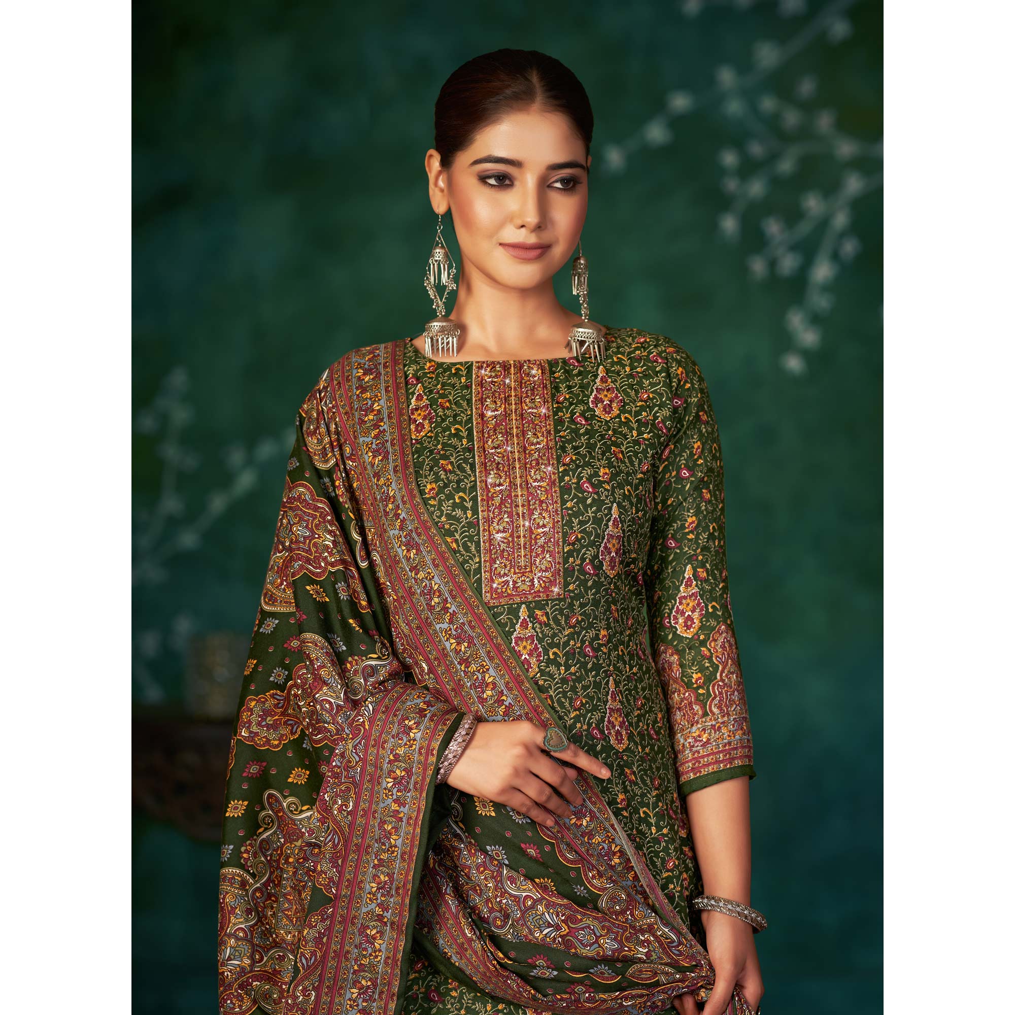 Green Floral Printed With Swarovski Work Pashmina Suit