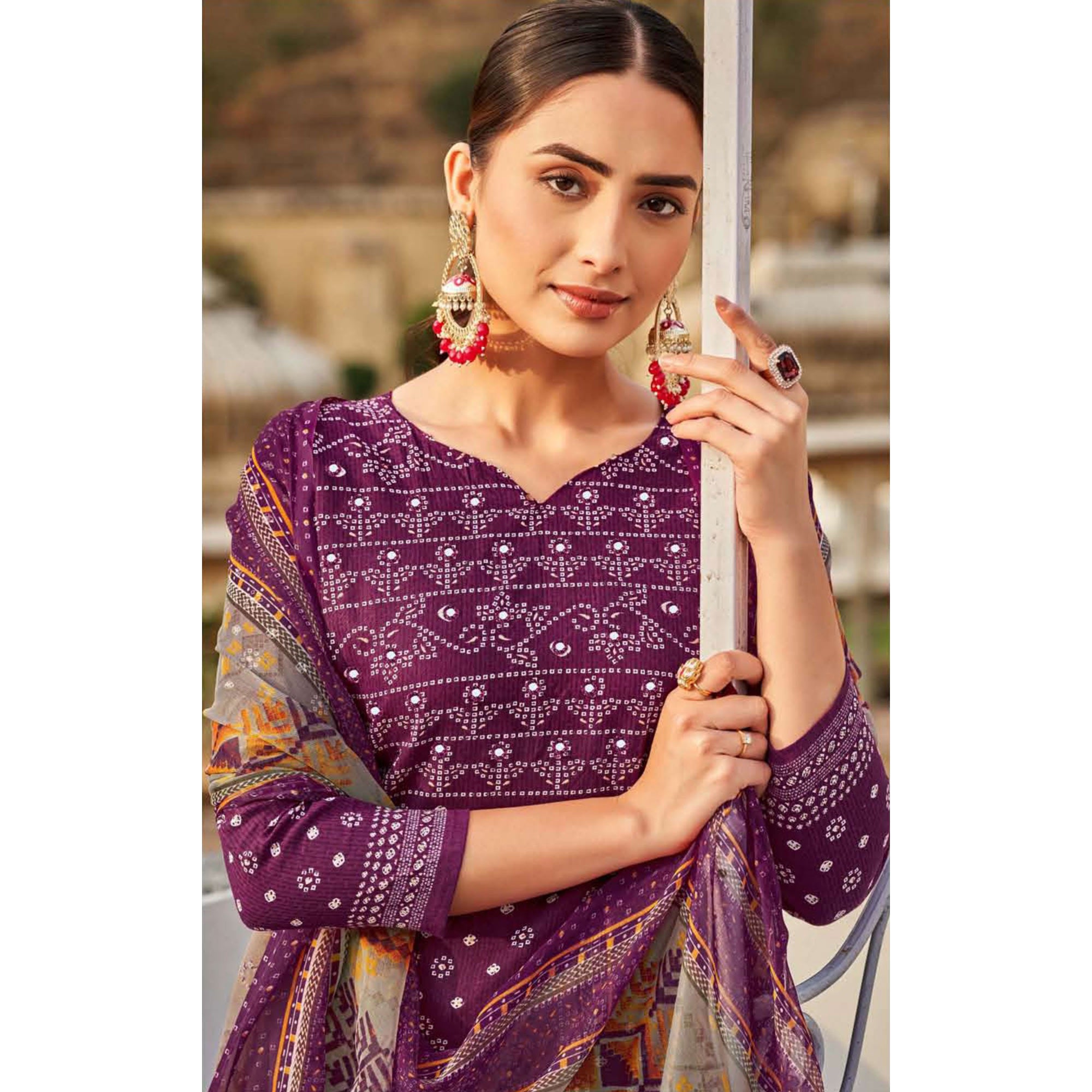 Wine Printed Pure Cotton Suit