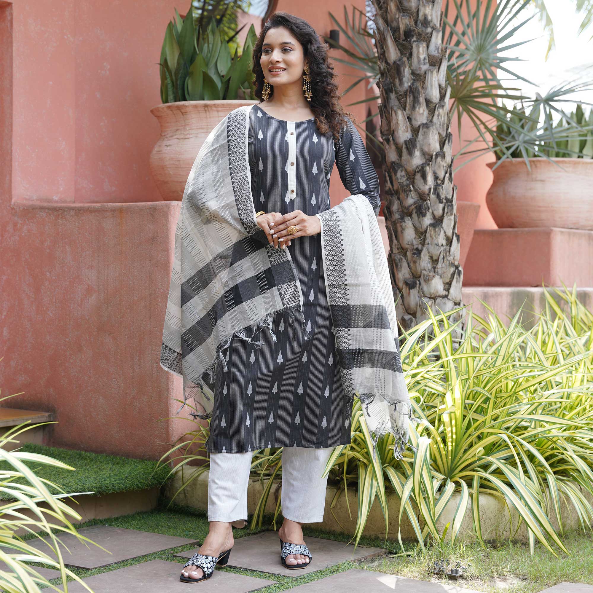 Black Woven Cotton Blend Salwar Suit