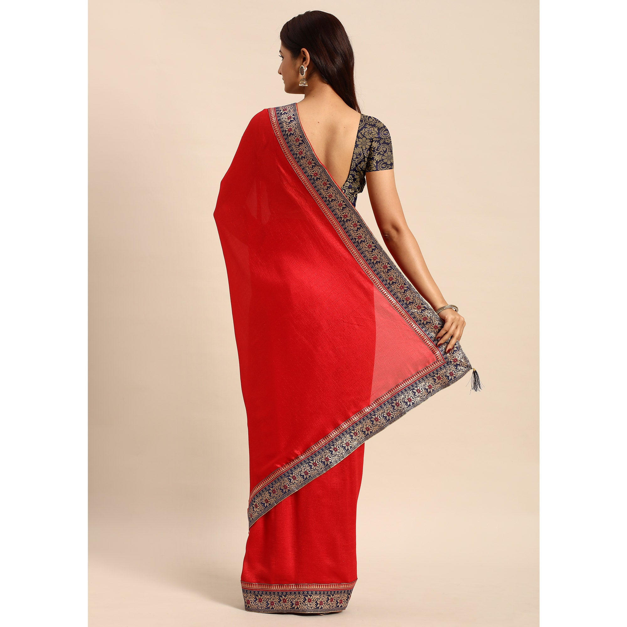 Red Solid Vichitra Silk Saree With Fancy Border