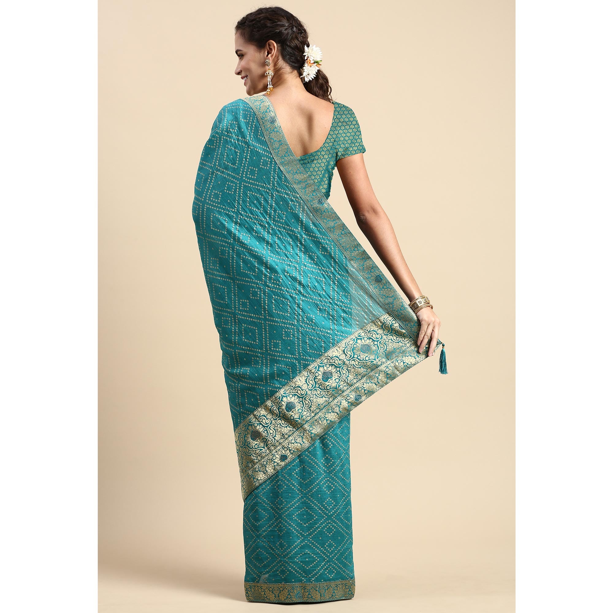 Blue Foil Printed With Swarovski Vichitra Silk Saree