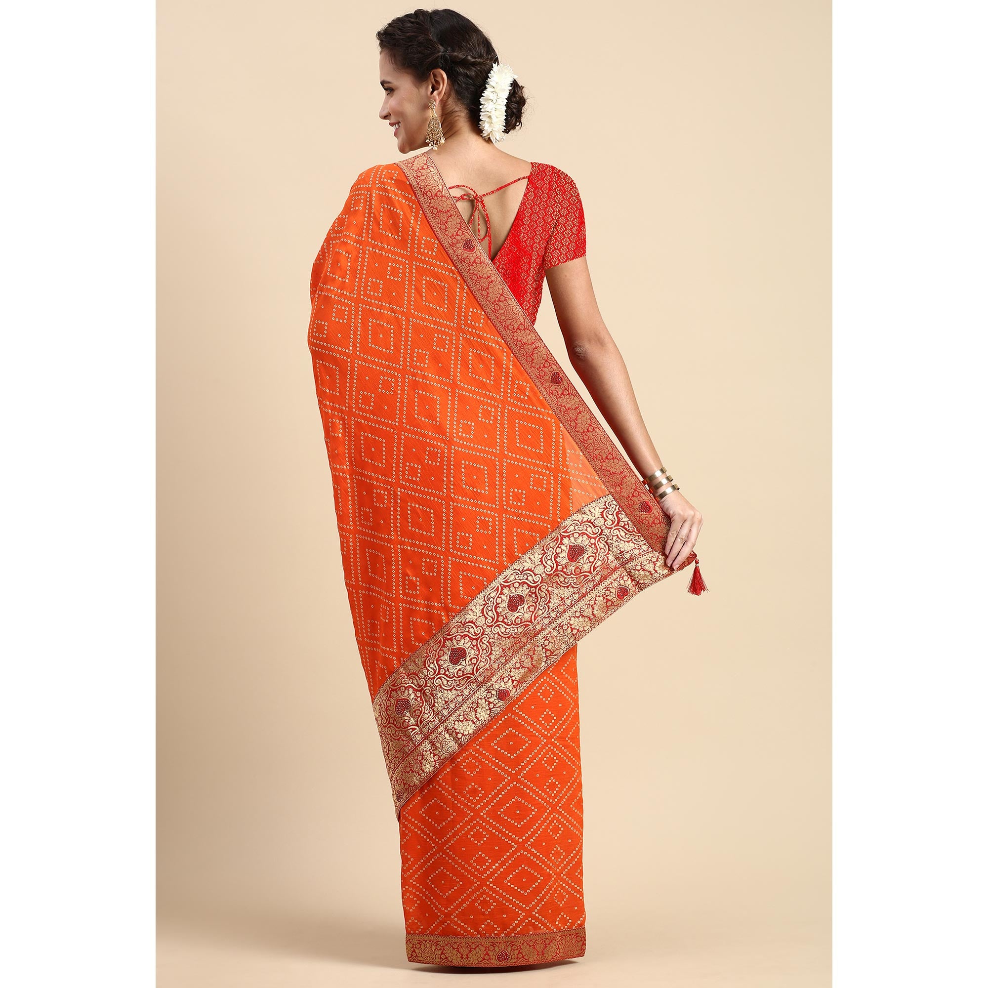 Orange Foil Printed With Swarovski Vichitra Silk Saree