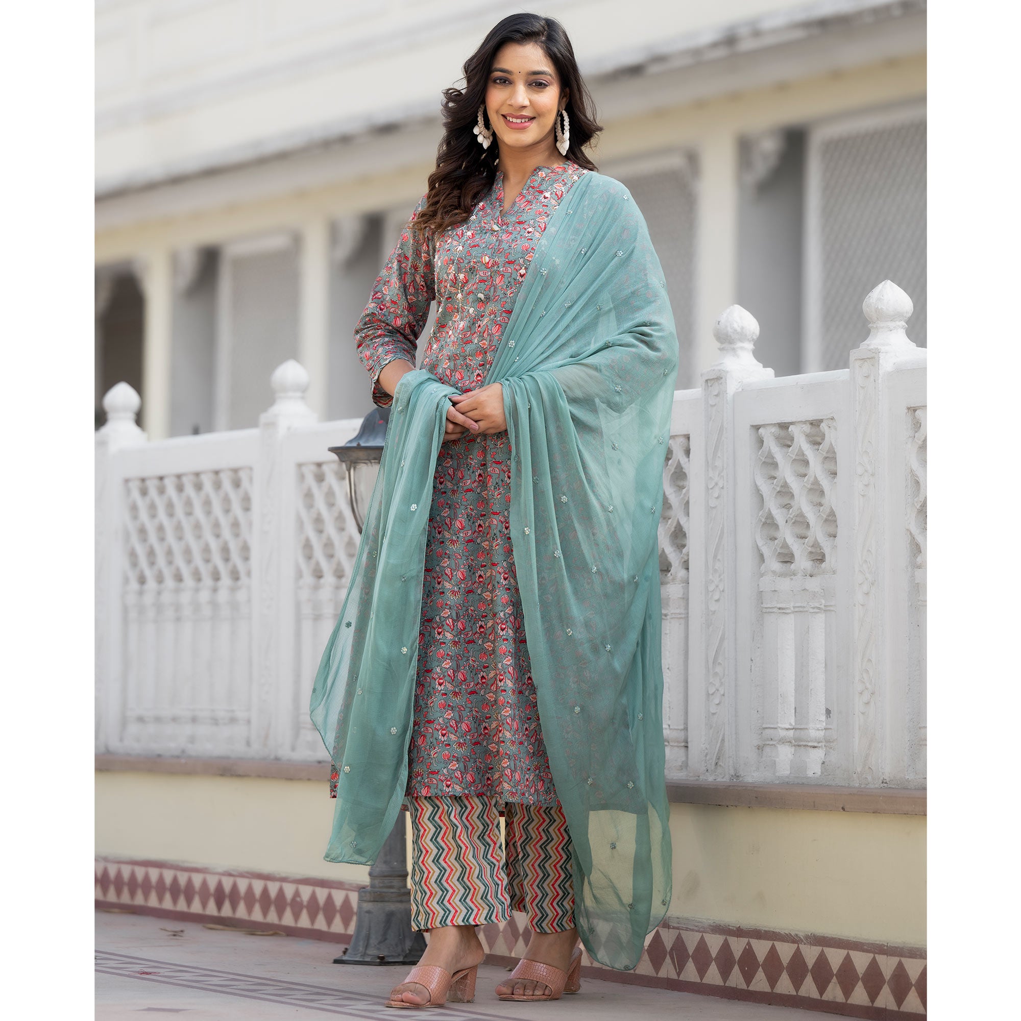 Green Floral Printed Pure Cotton Straight Salwar Suit